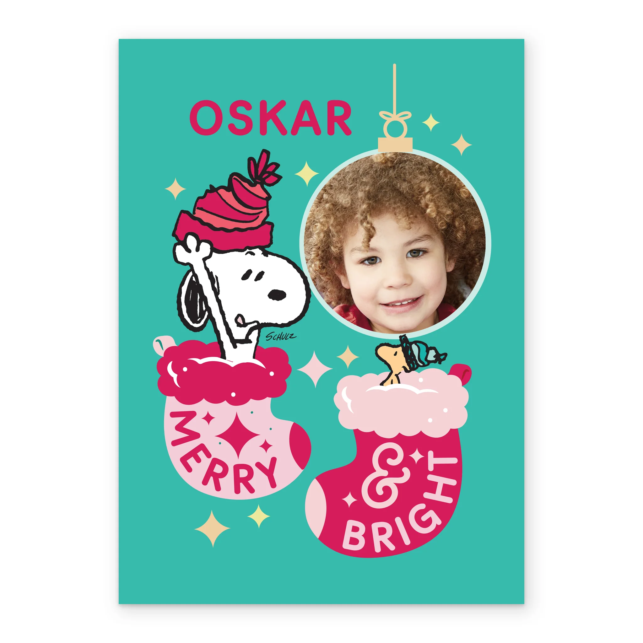 Personalised Photo Upload & Editable PEANUTS™ SNOOPY & WOODSTOCK Stockings Christmas Card - Image 2