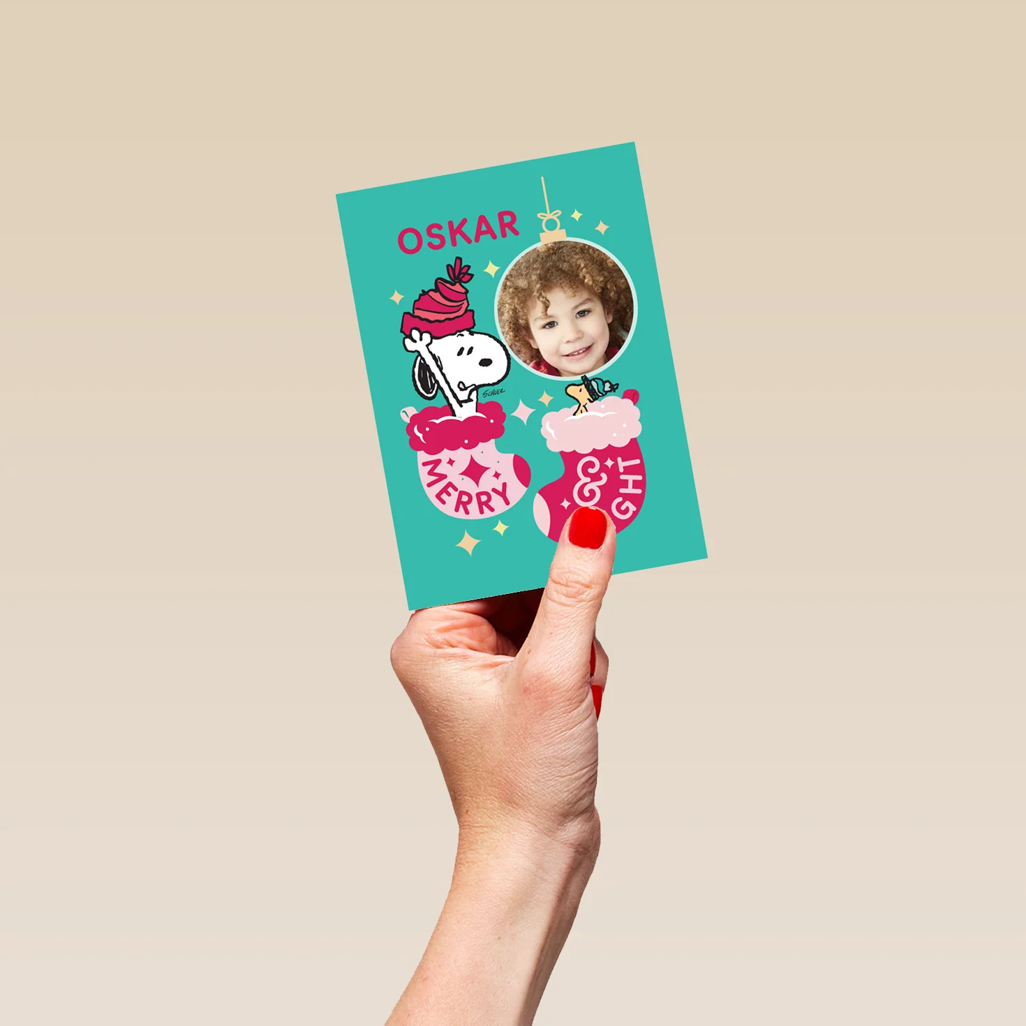Personalised Photo Upload & Editable PEANUTS™ SNOOPY & WOODSTOCK Stockings Christmas Card - Image 4