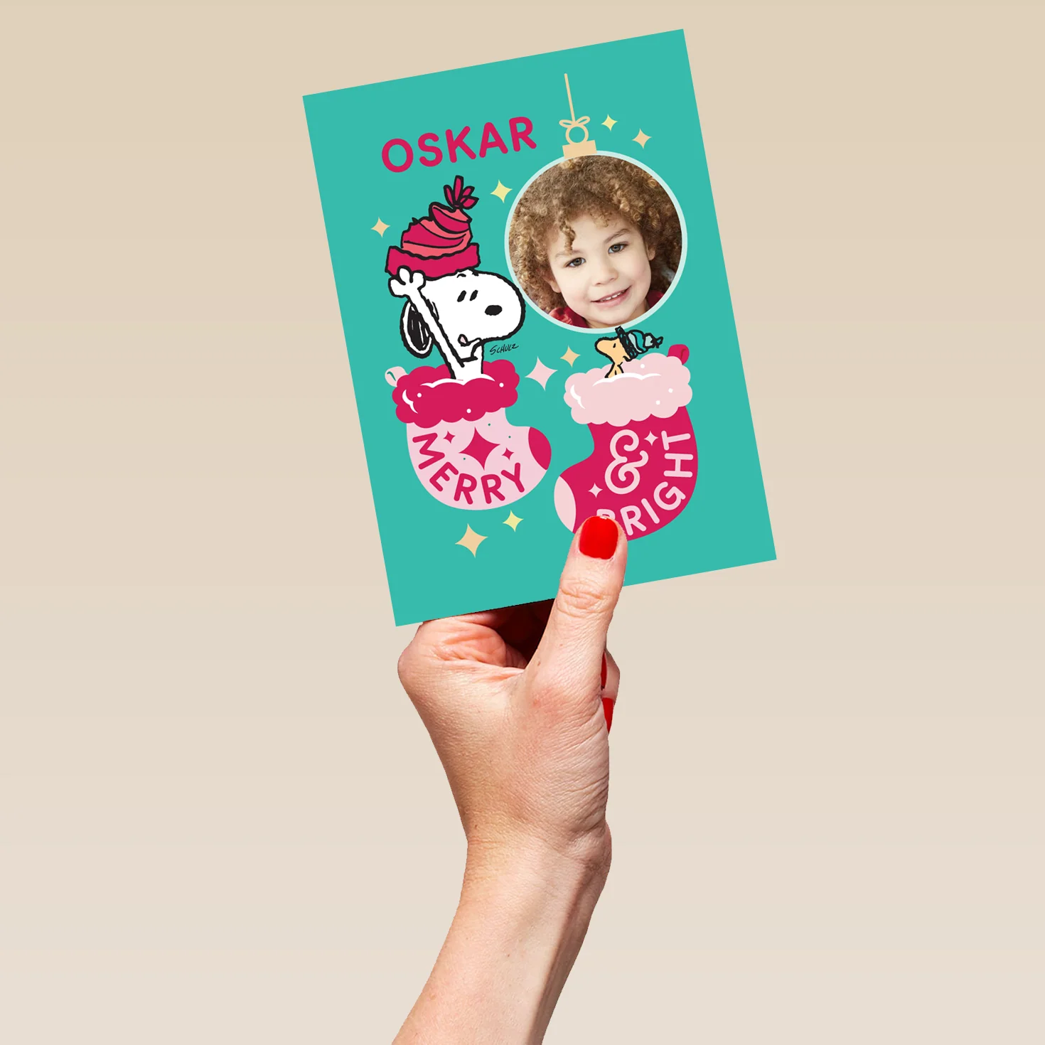 Personalised Photo Upload & Editable PEANUTS™ SNOOPY & WOODSTOCK Stockings Christmas Card - Image 5