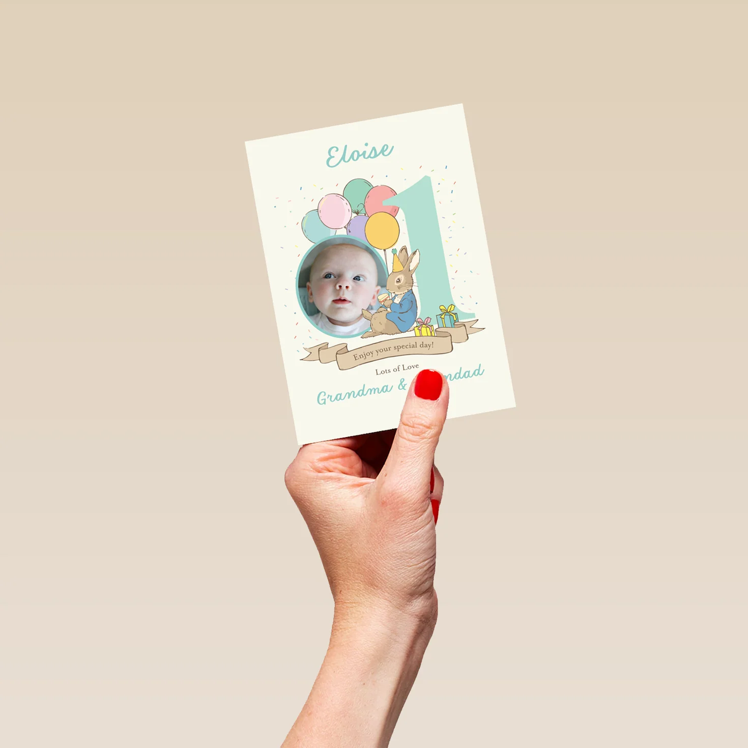 Personalised Photo Upload & Editable Peter Rabbit™ 1st Birthday Card - Image 4