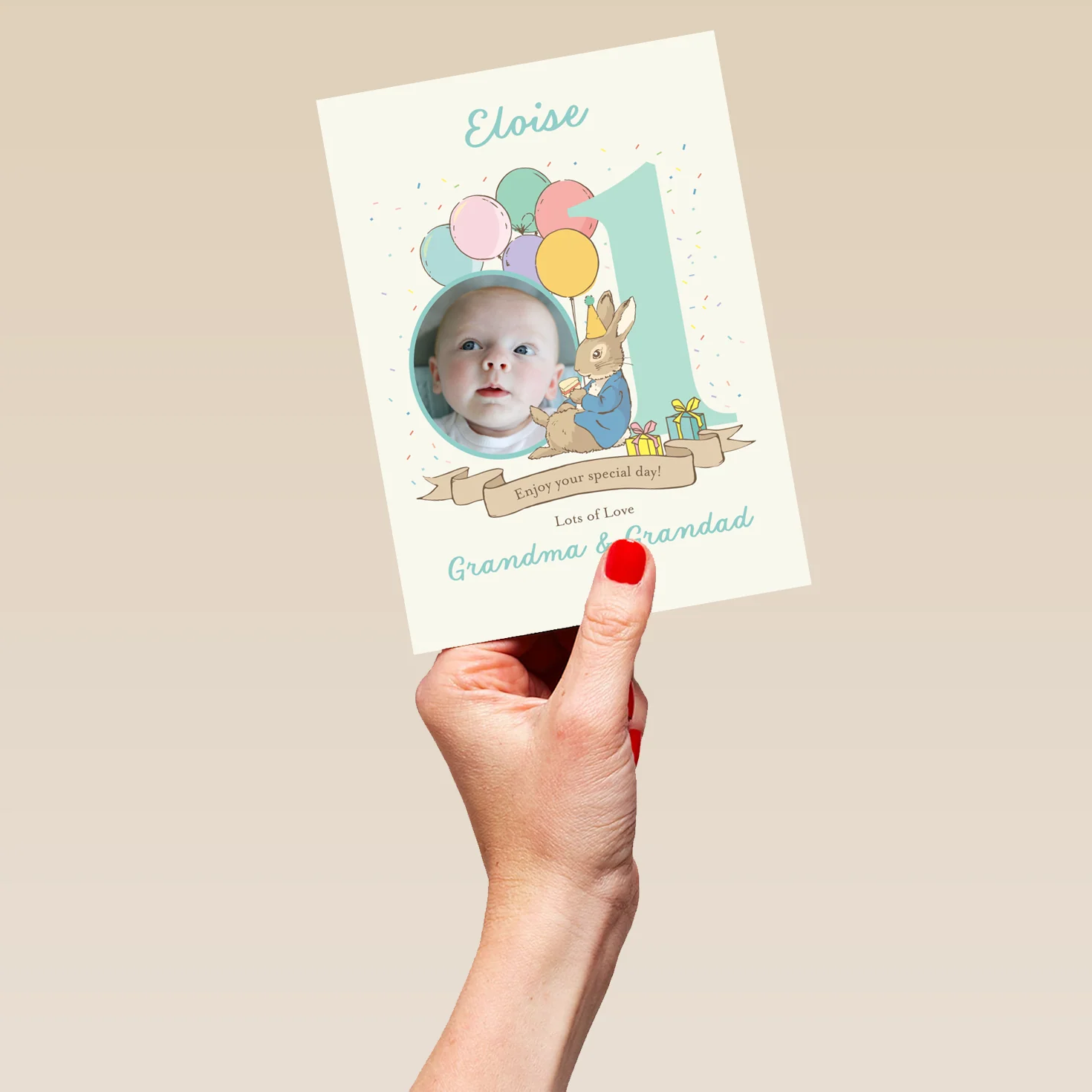 Personalised Photo Upload & Editable Peter Rabbit™ 1st Birthday Card - Image 5