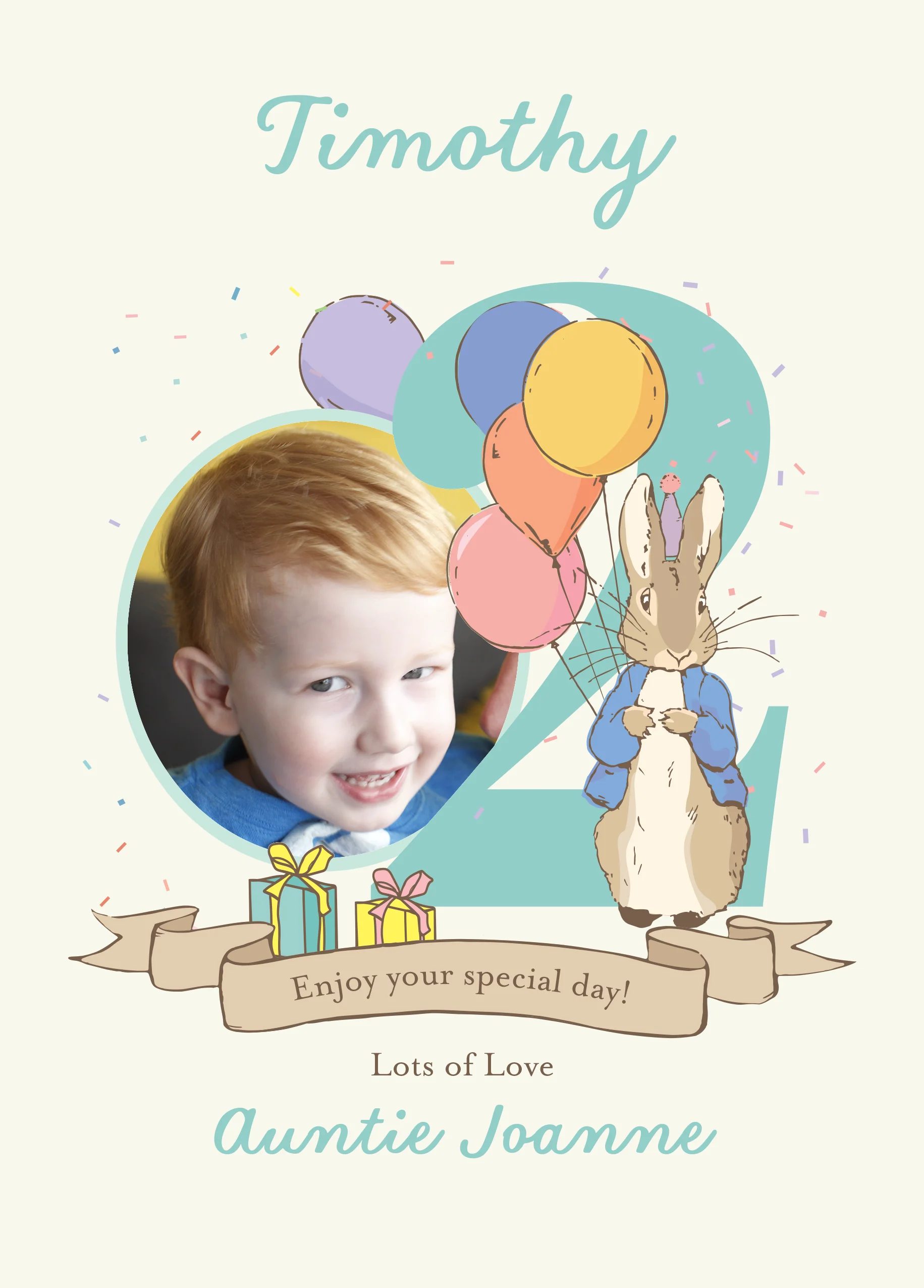 Personalised Photo Upload & Editable Peter Rabbit™ 2nd Birthday Card