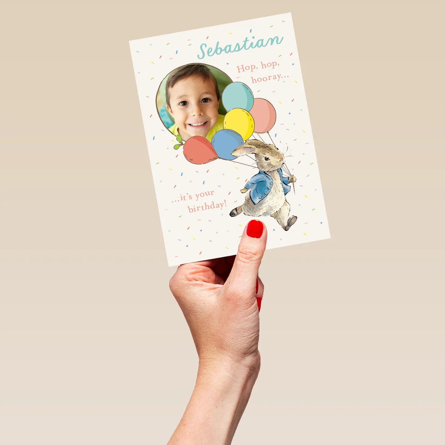 Personalised Photo Upload & Editable Peter Rabbit™ Balloons Birthday Card - Image 5