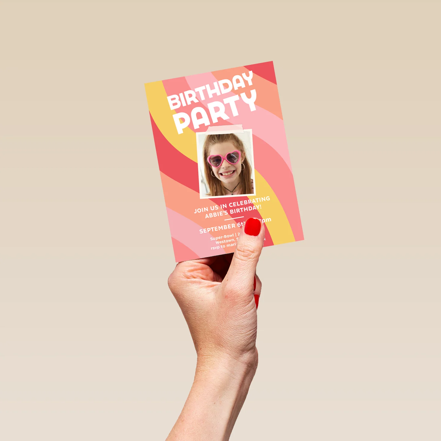Personalised Photo Upload & Editable Pink Wavy Lines Birthday Invitation - Image 4
