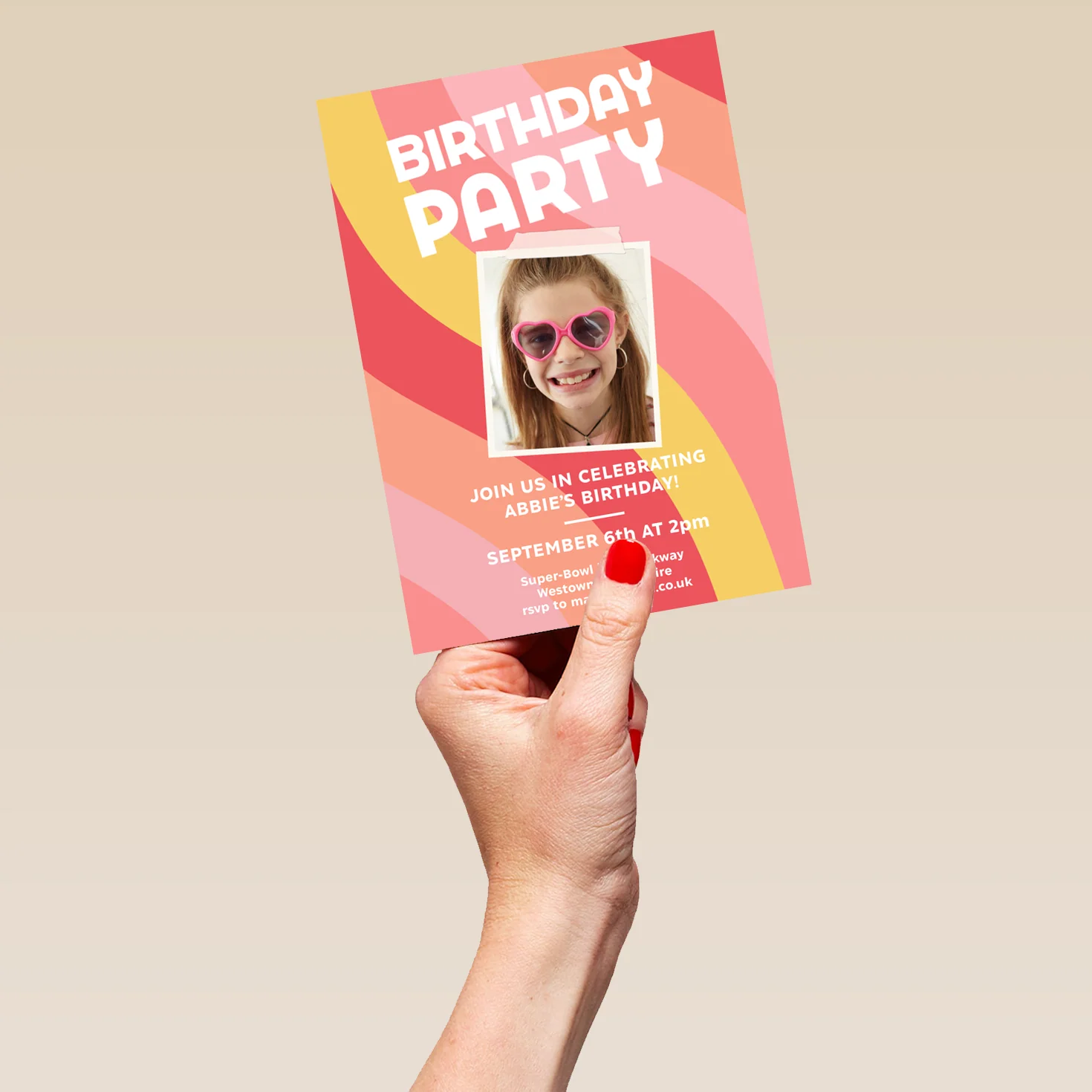 Personalised Photo Upload & Editable Pink Wavy Lines Birthday Invitation - Image 5