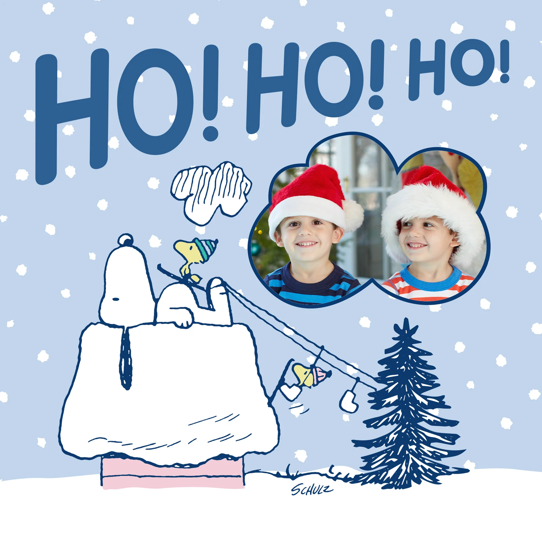 Personalised Photo Upload PEANUTS™ SNOOPY & WOODSTOCK Ski Lift Christmas Card