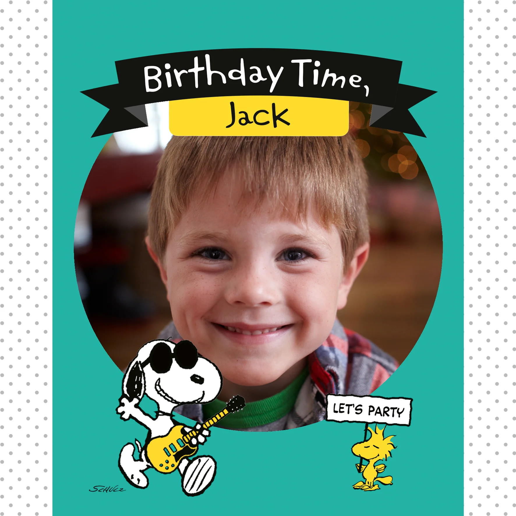 Personalised Photo Upload PEANUTS™ SNOOPY & WOODSTOCK Dance Birthday Card