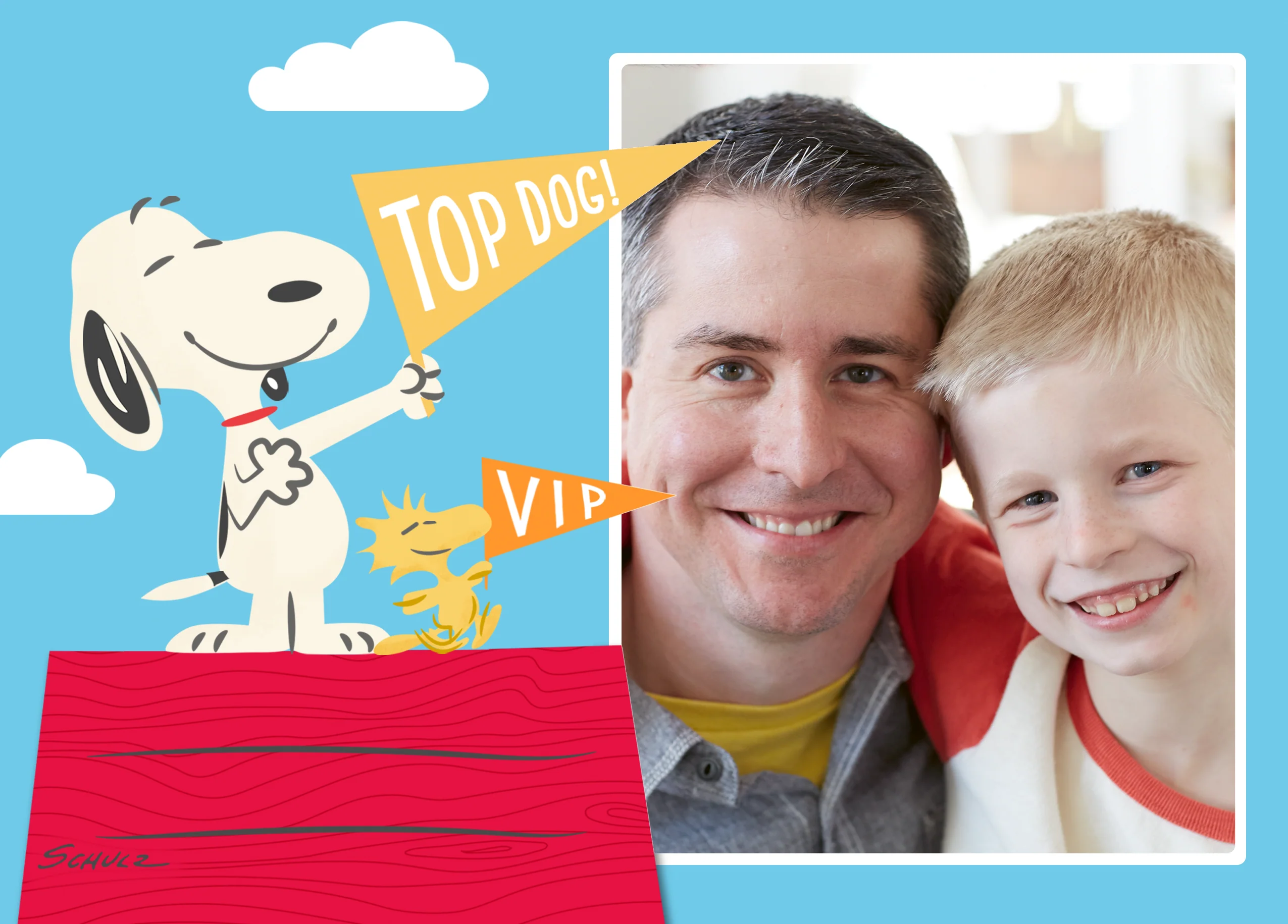 Personalised Photo Upload SNOOPY & WOODSTOCK Pennant Flag Father's Day Card