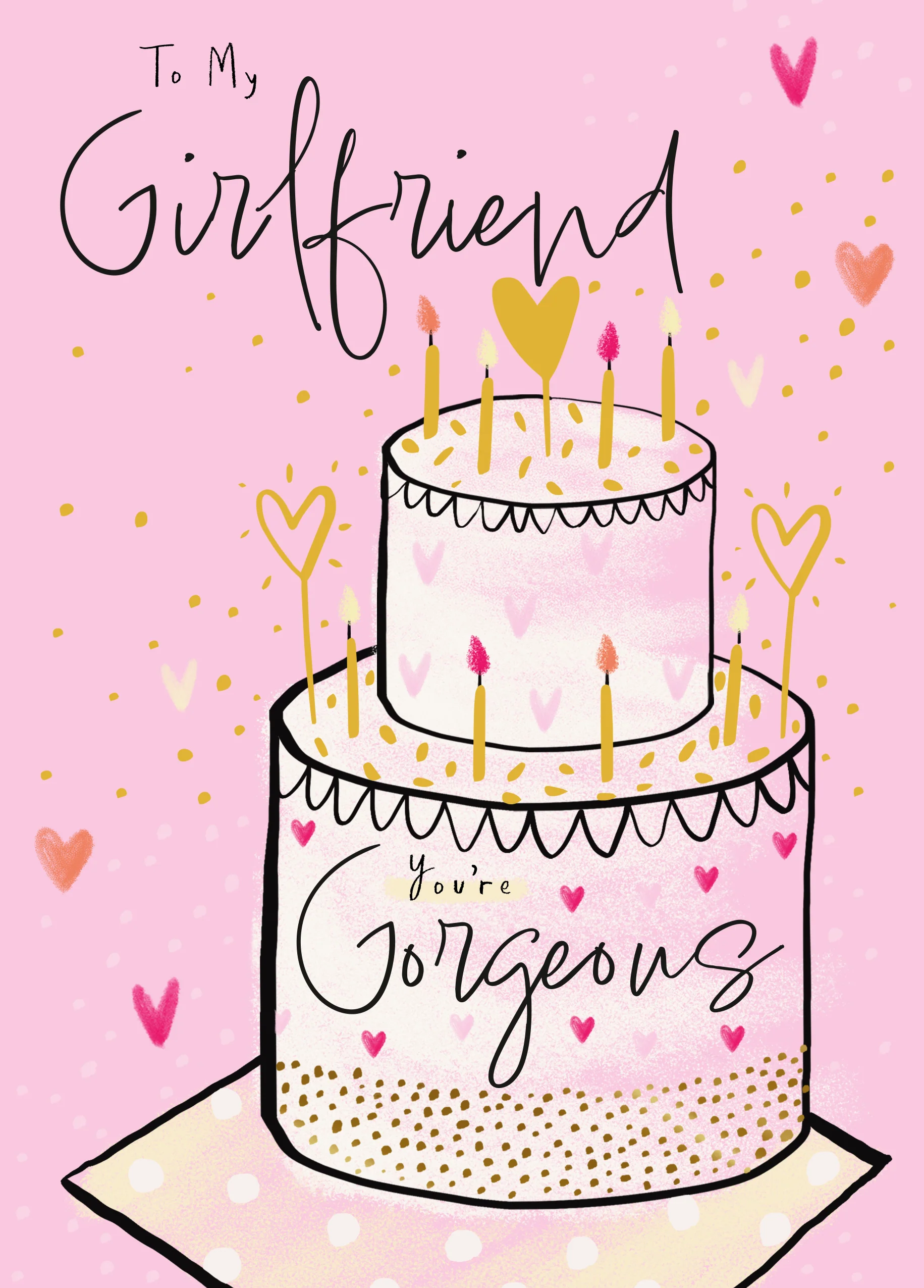 Personalised Pink Cake & Hearts Birthday Card for Girlfriend