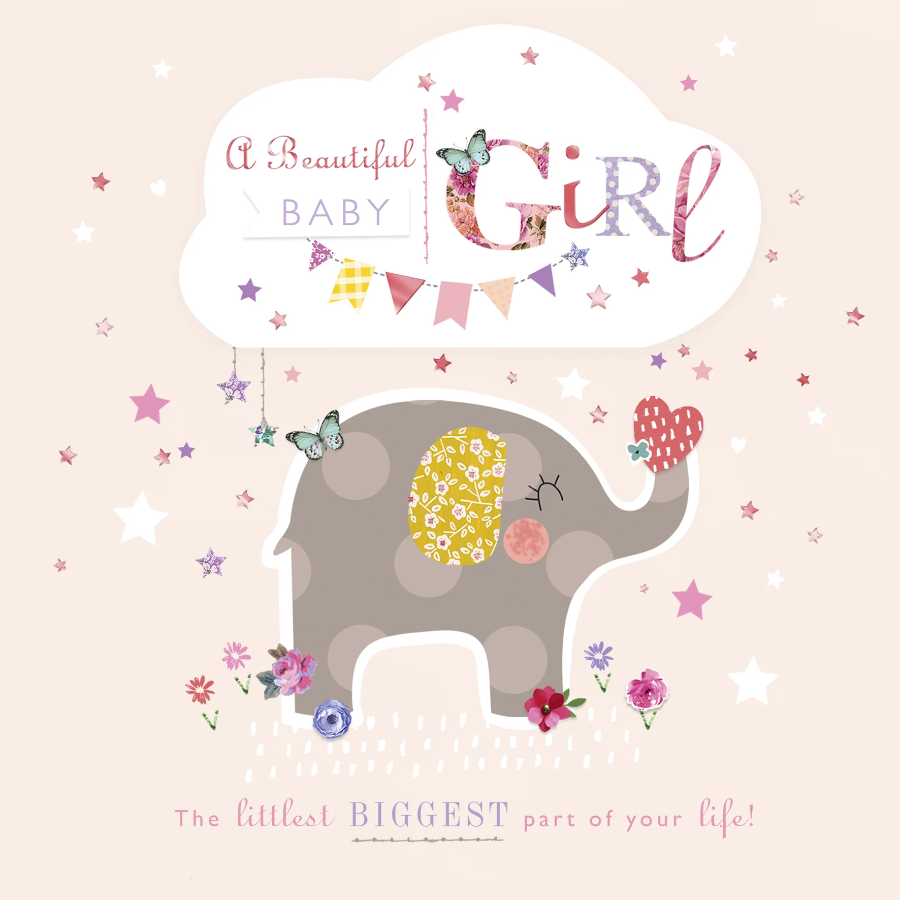 Personalised Pink Elephant New Baby Girl Card