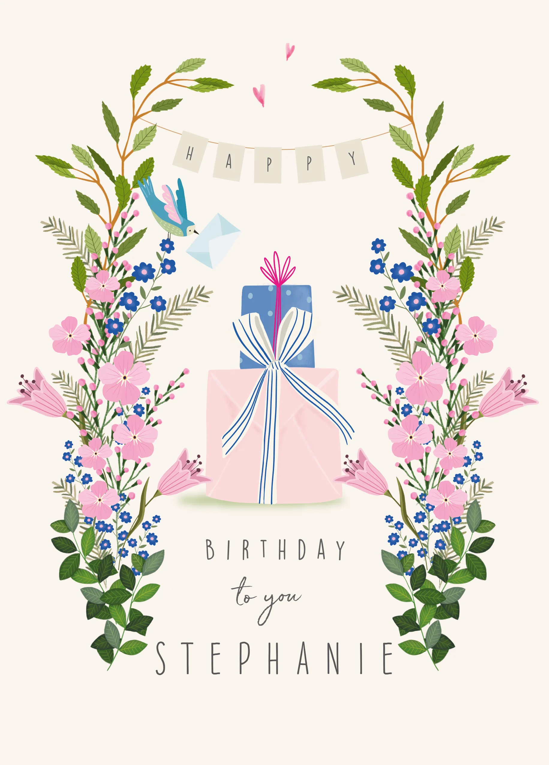 Personalised Presents and Flowers Illustrated Birthday Card