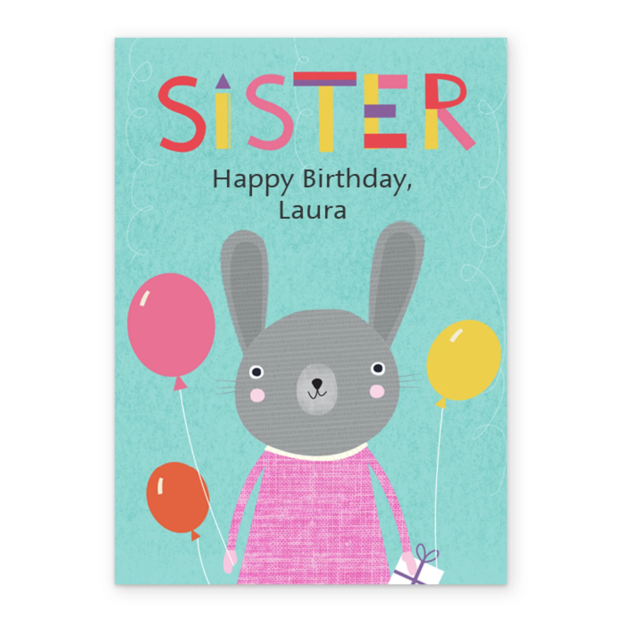 Personalised Rabbit & Balloons Birthday Card For Sister - Image 2