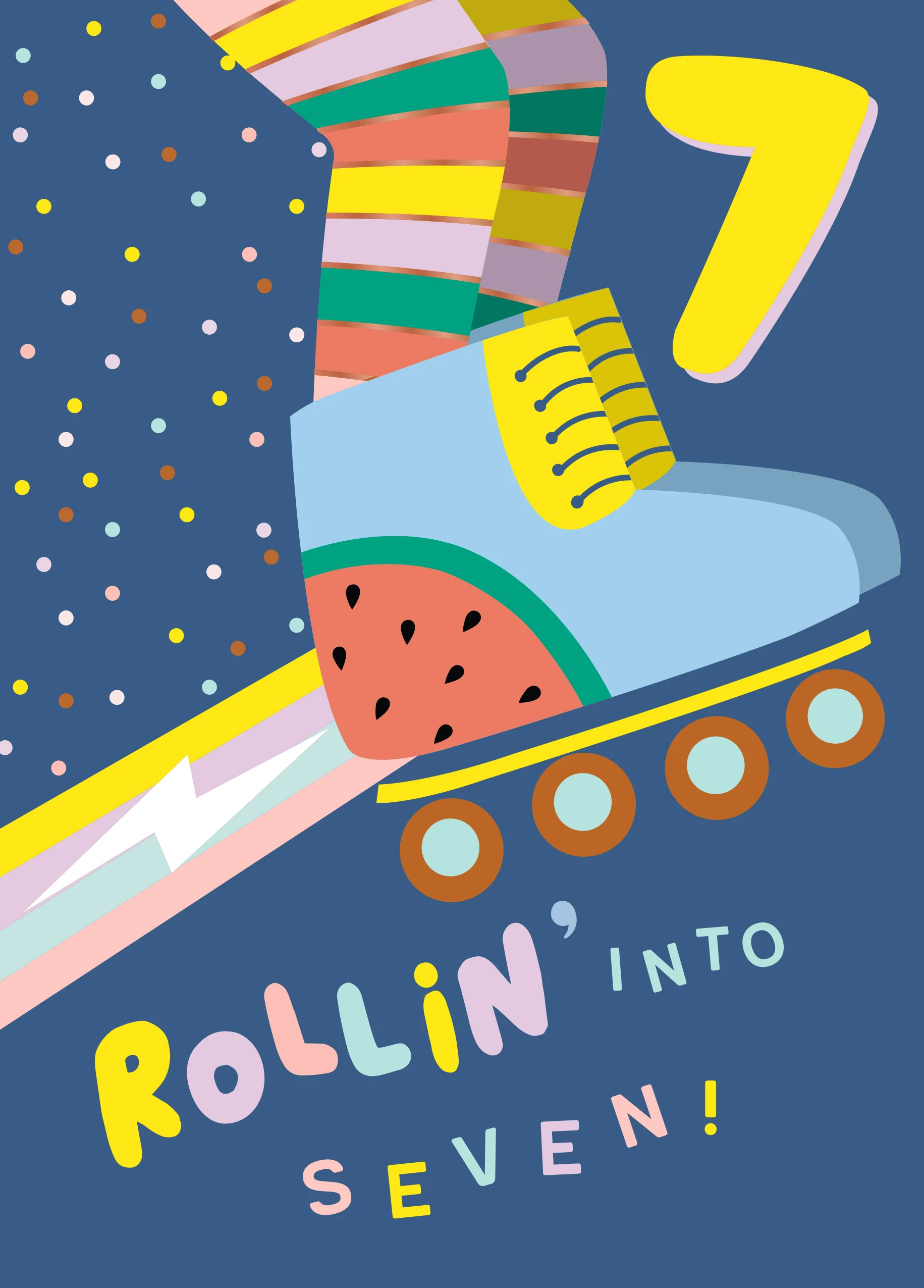 Personalised Rainbow Rocket Roller Skates 7th Birthday Kids Card