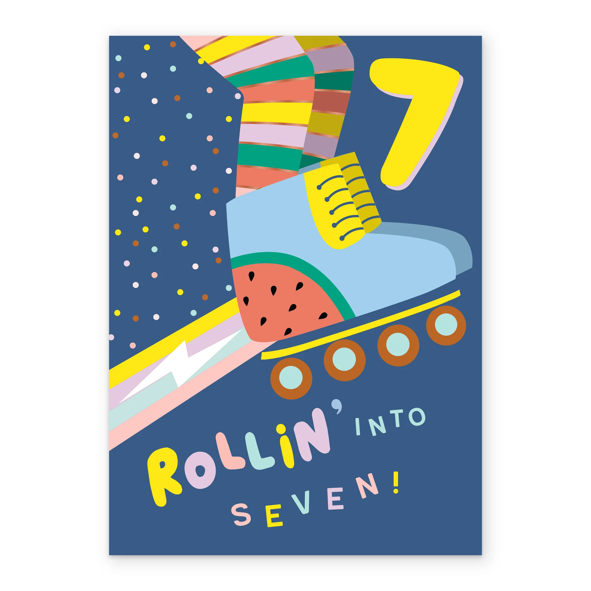 Personalised Rainbow Rocket Roller Skates 7th Birthday Kids Card - Image 2