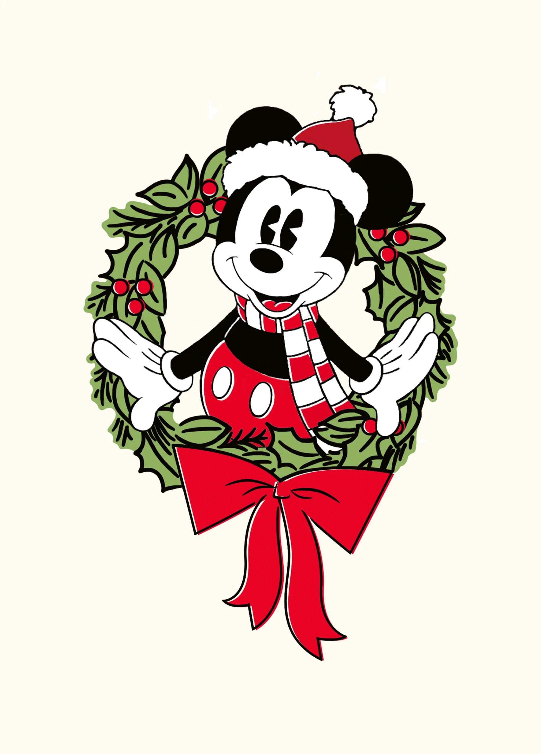 Personalised Retro Style Disney Mickey Mouse & Wreath Illustrated Christmas Card