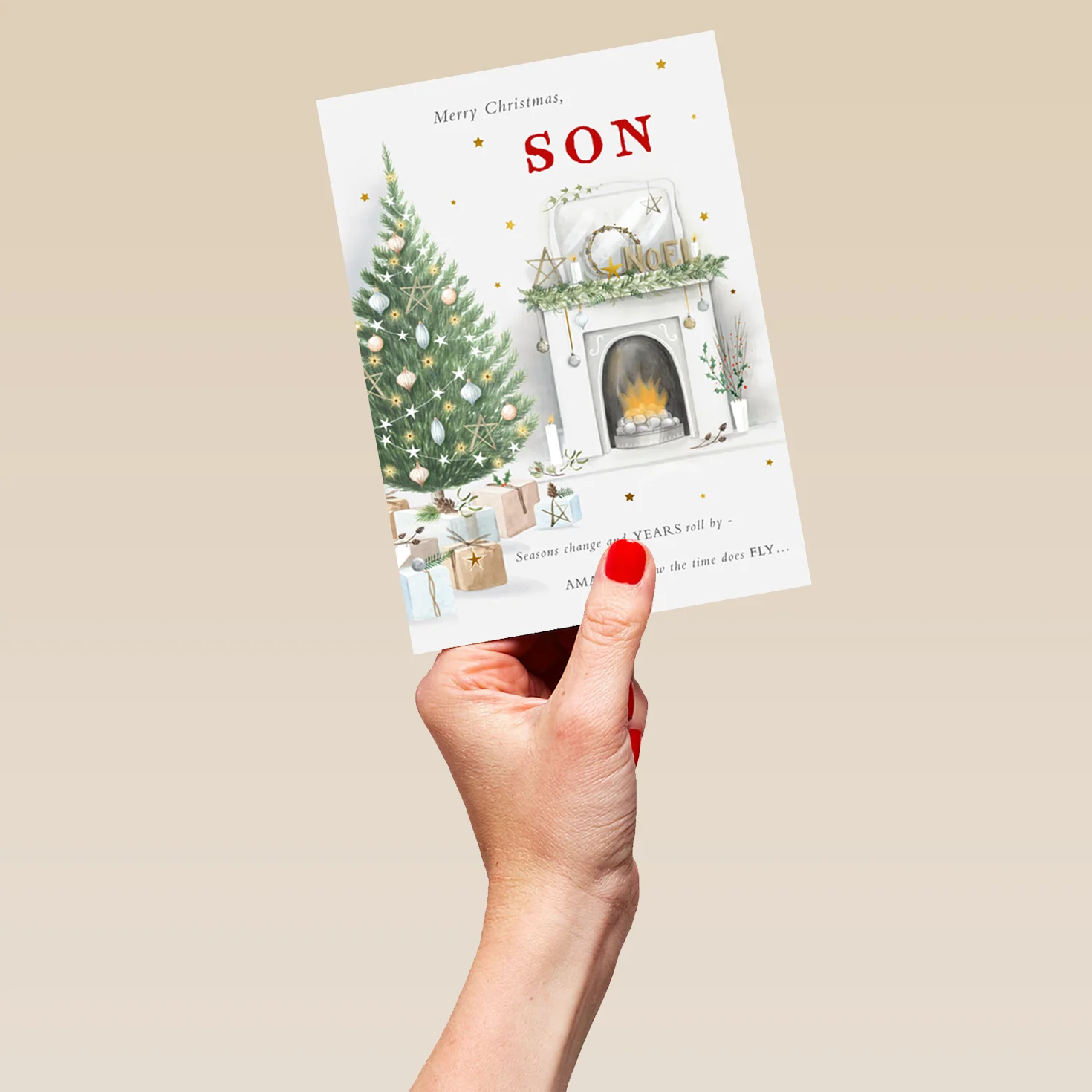 Personalised Son Fireplace And Gifts Christmas Card - Image 5