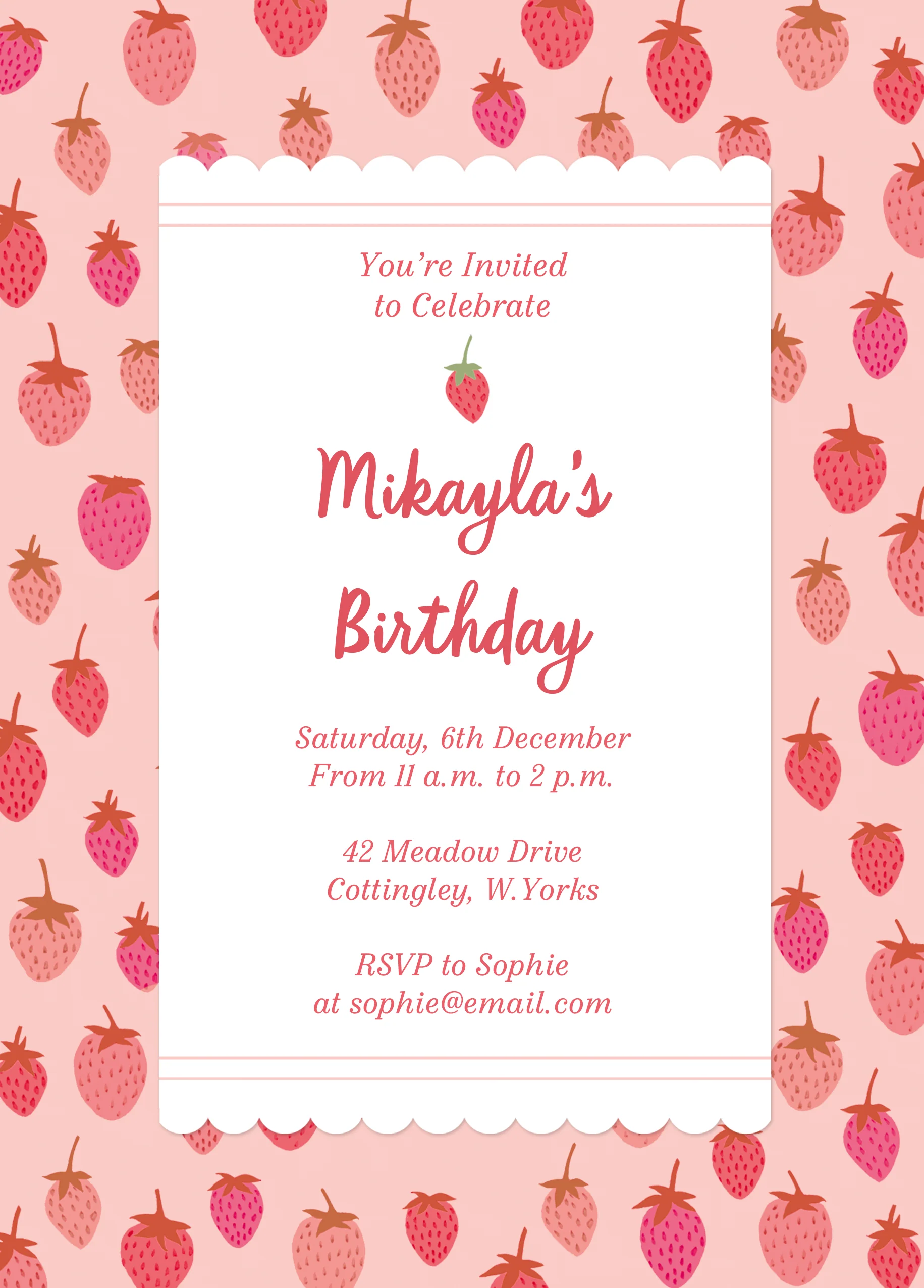Personalised Strawberry Print Birthday Party Invitation