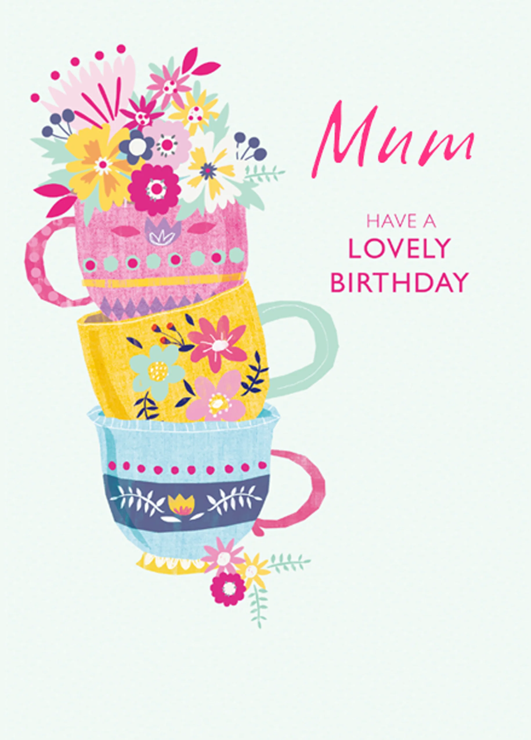 Personalised Tea Cups & Flowers Birthday Card For Mum