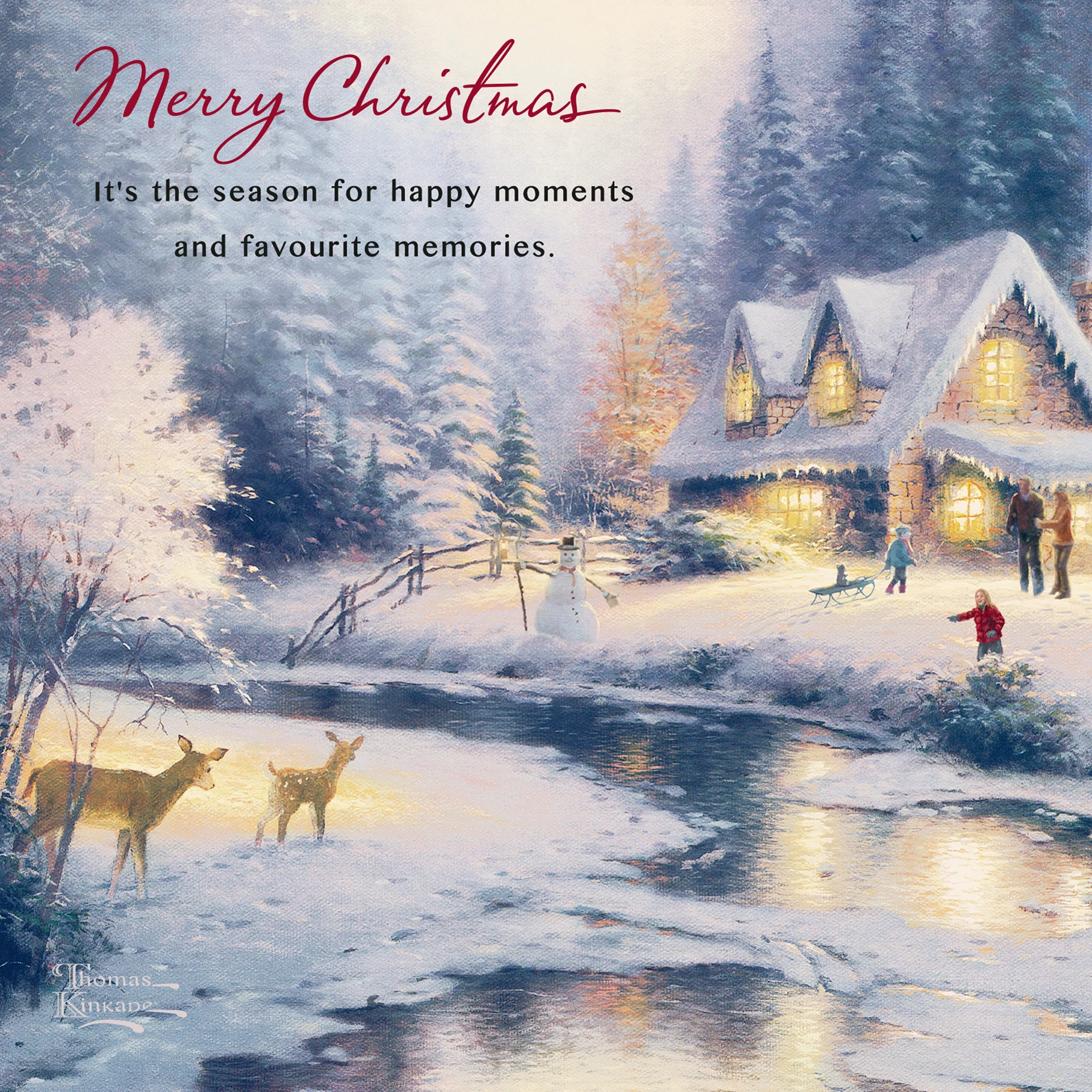 Personalised Thomas Kinkade Winter Snowman Scene Christmas Card