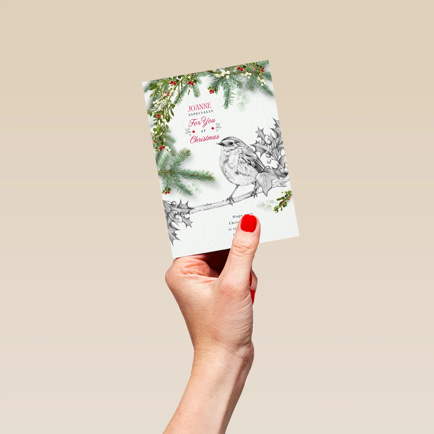 Personalised & Editable Robin with Holly Tree Christmas Card - Image 4