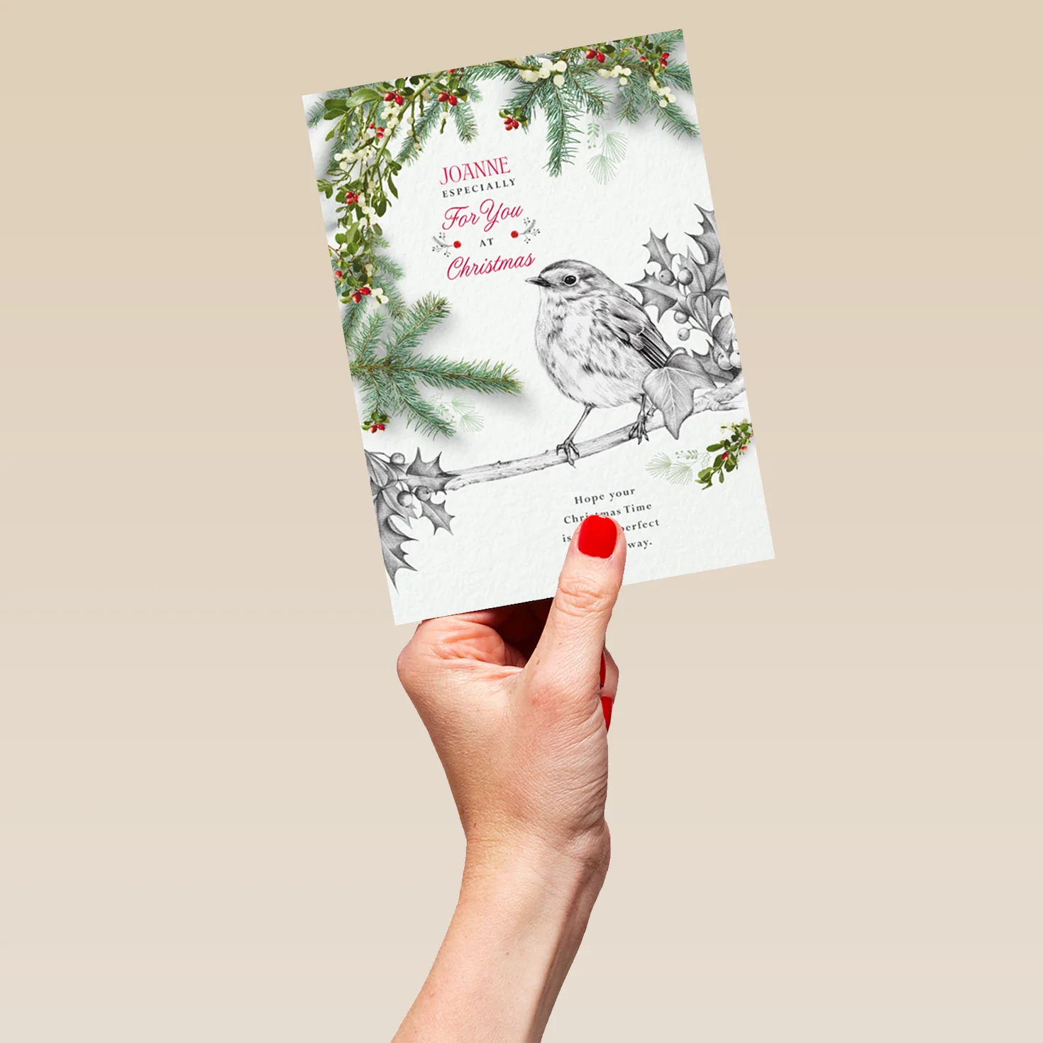 Personalised & Editable Robin with Holly Tree Christmas Card - Image 5