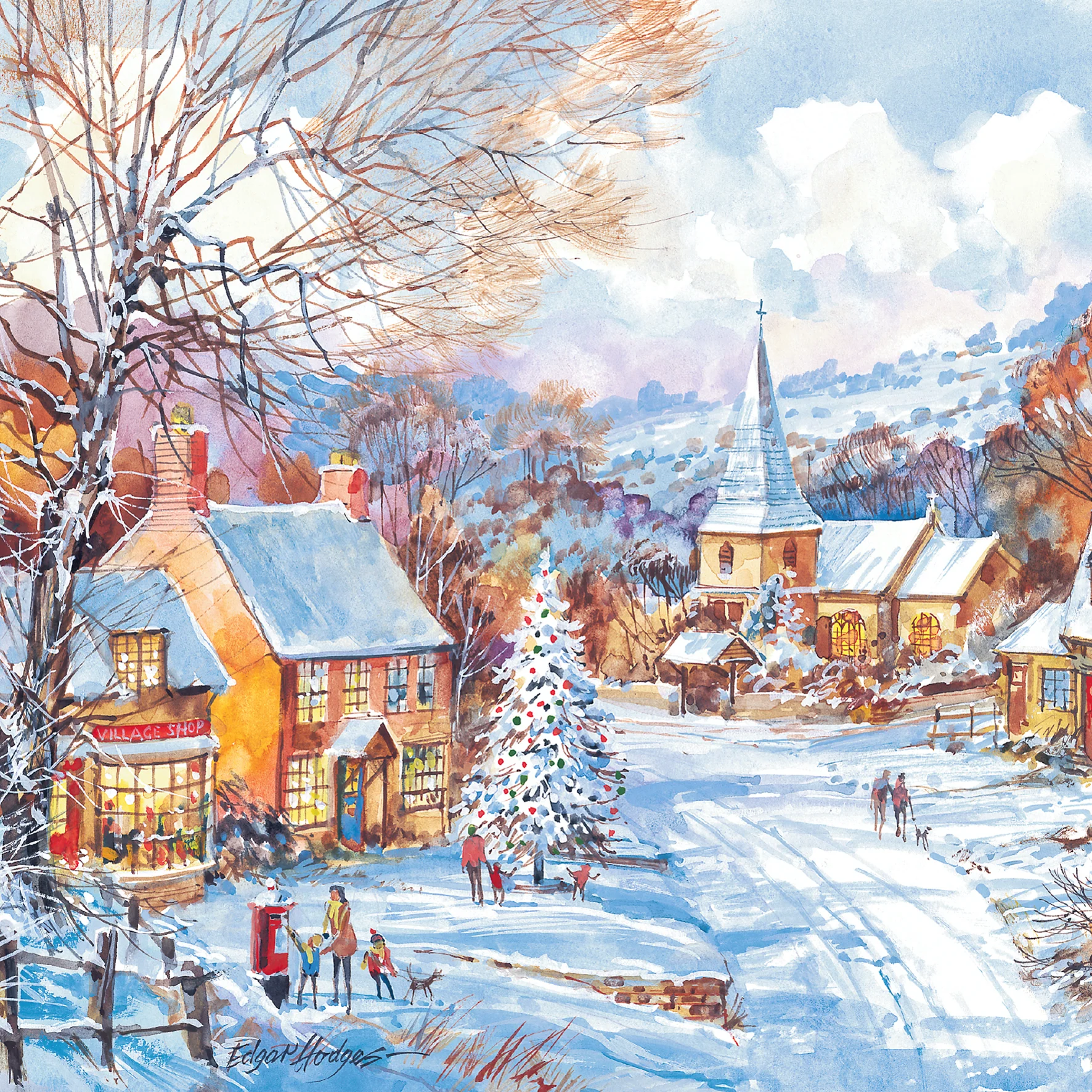 Personalised Traditional Christmas Snowy Village Scene Card