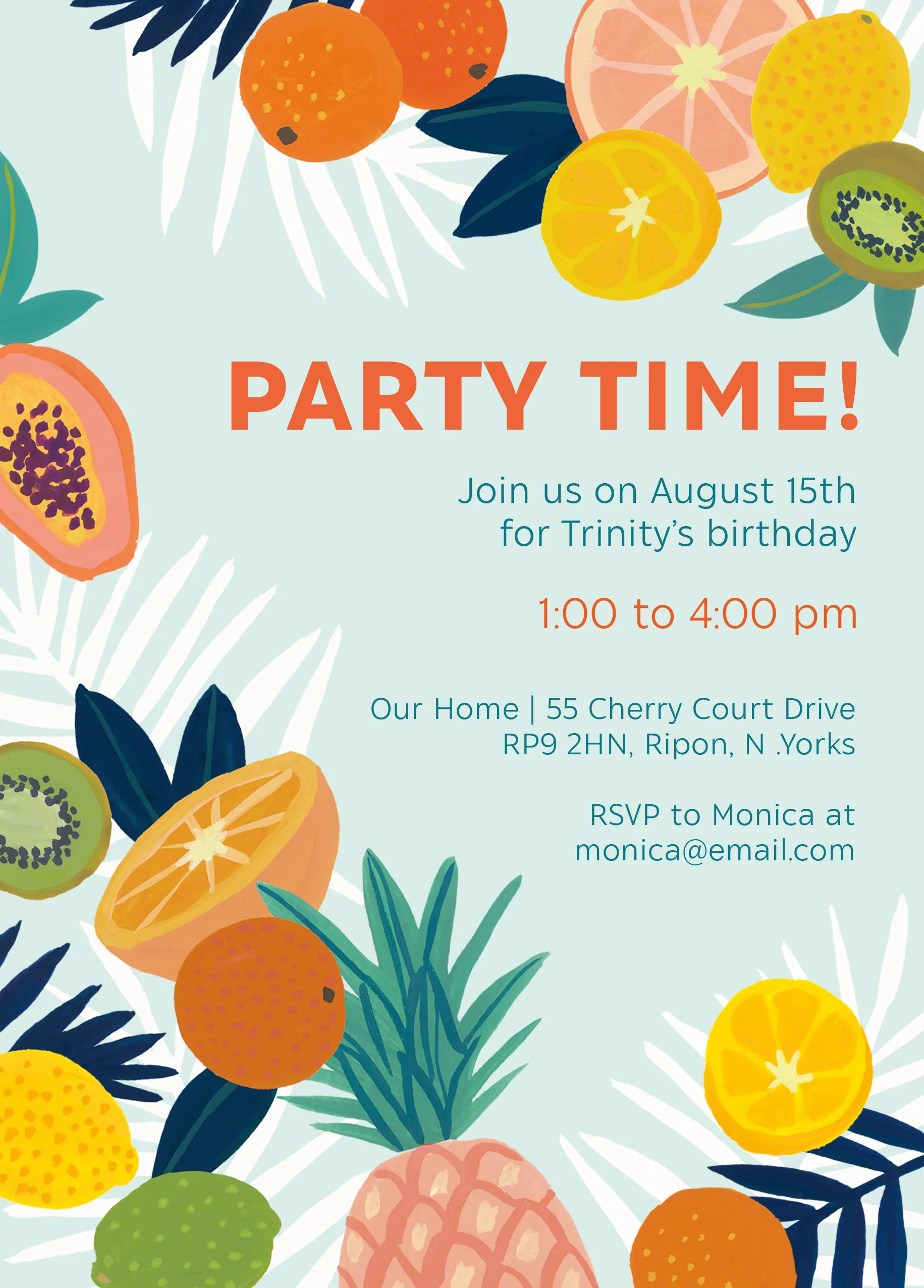 Personalised Tropical Fruits Birthday Party Invitation