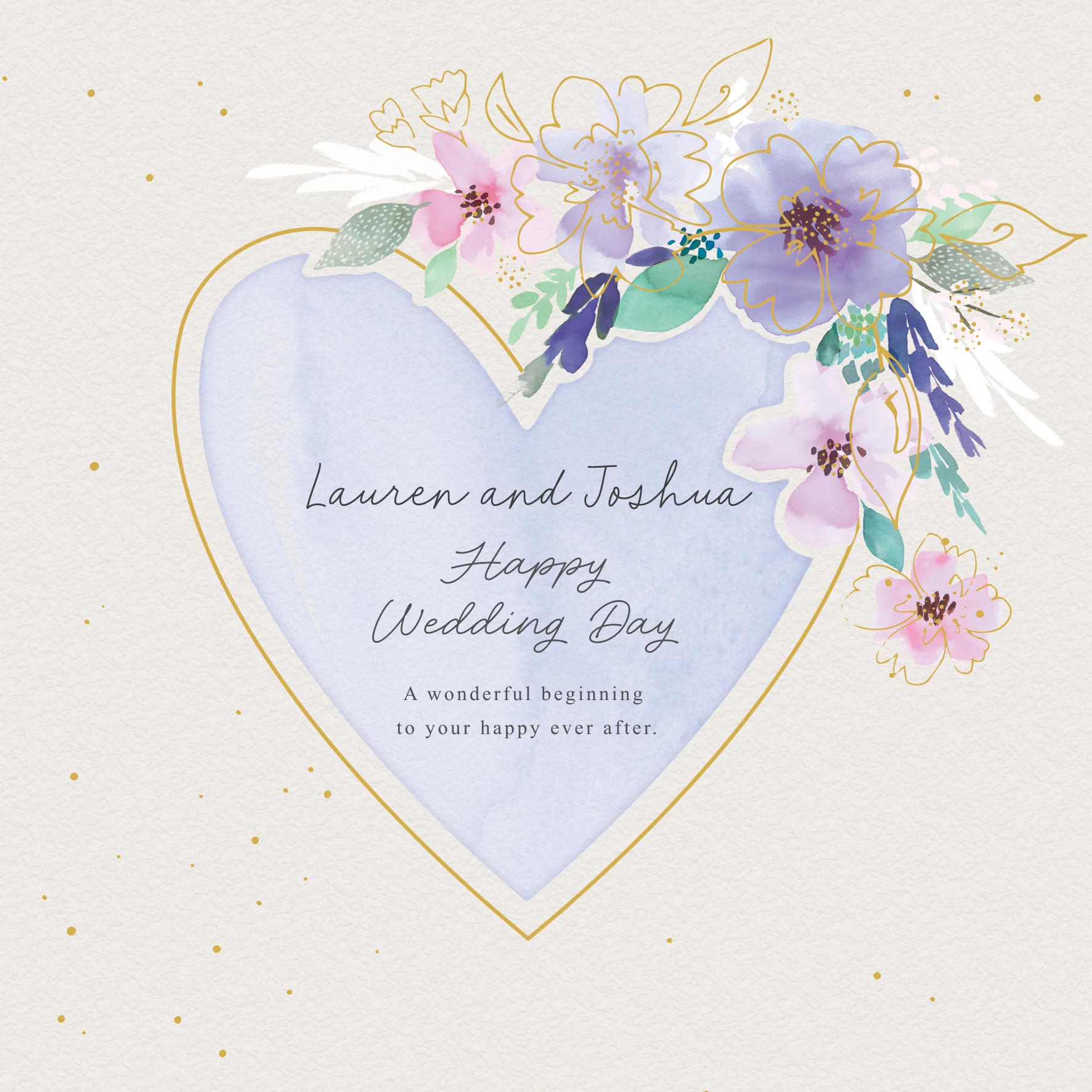 Personalised Wedding Card - Watercolour Heart Frame with Flowers