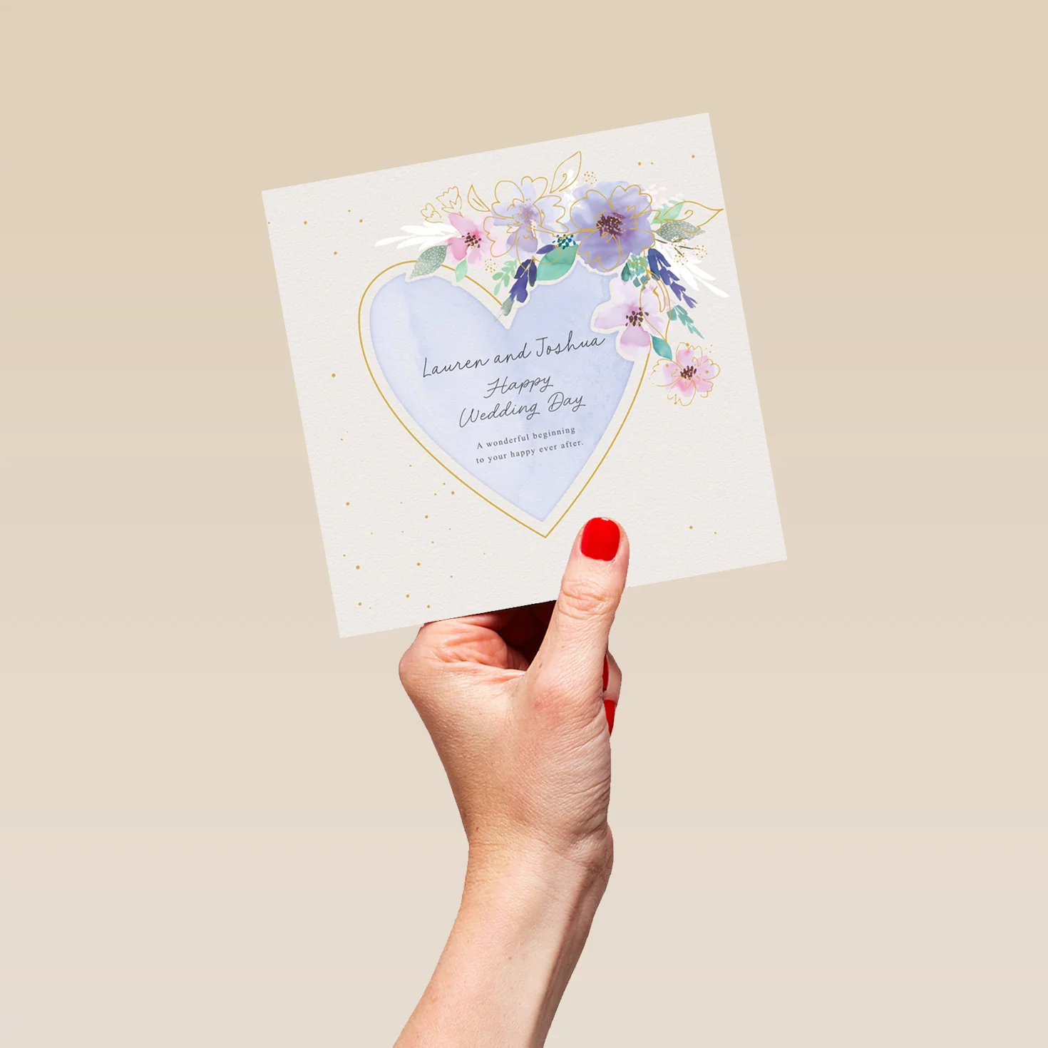 Personalised Wedding Card - Watercolour Heart Frame with Flowers - Image 5