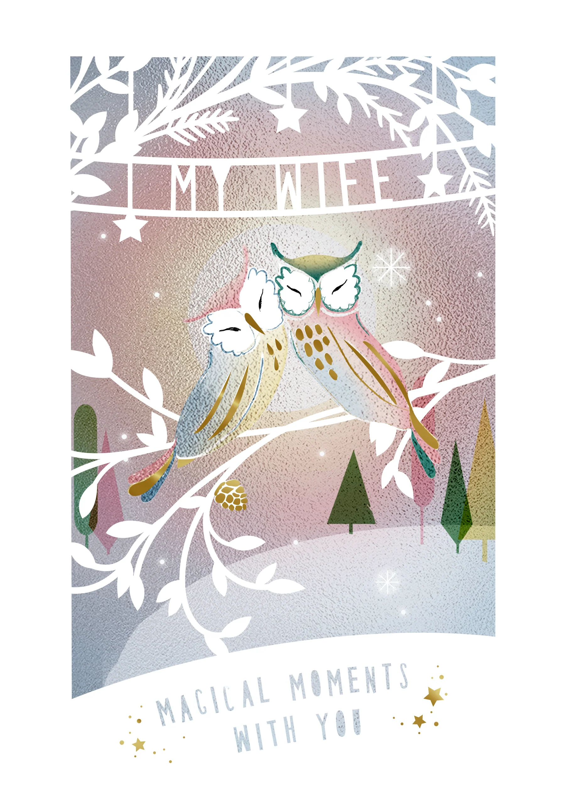 Personalised Wife Modern Owls Cuddling Tree Christmas Card