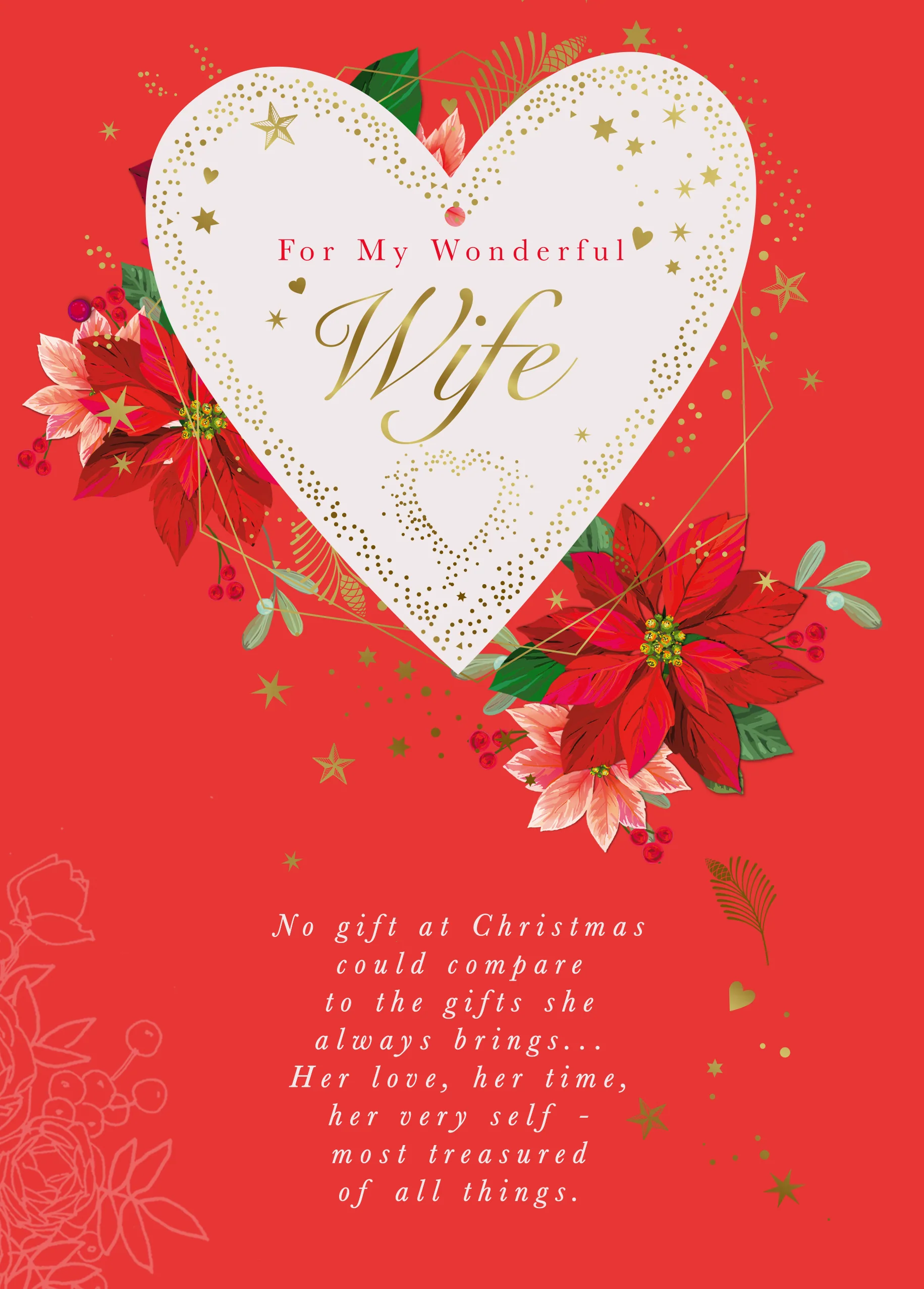 Personalised Wife Traditional Verse Heart & Flowers Christmas Card
