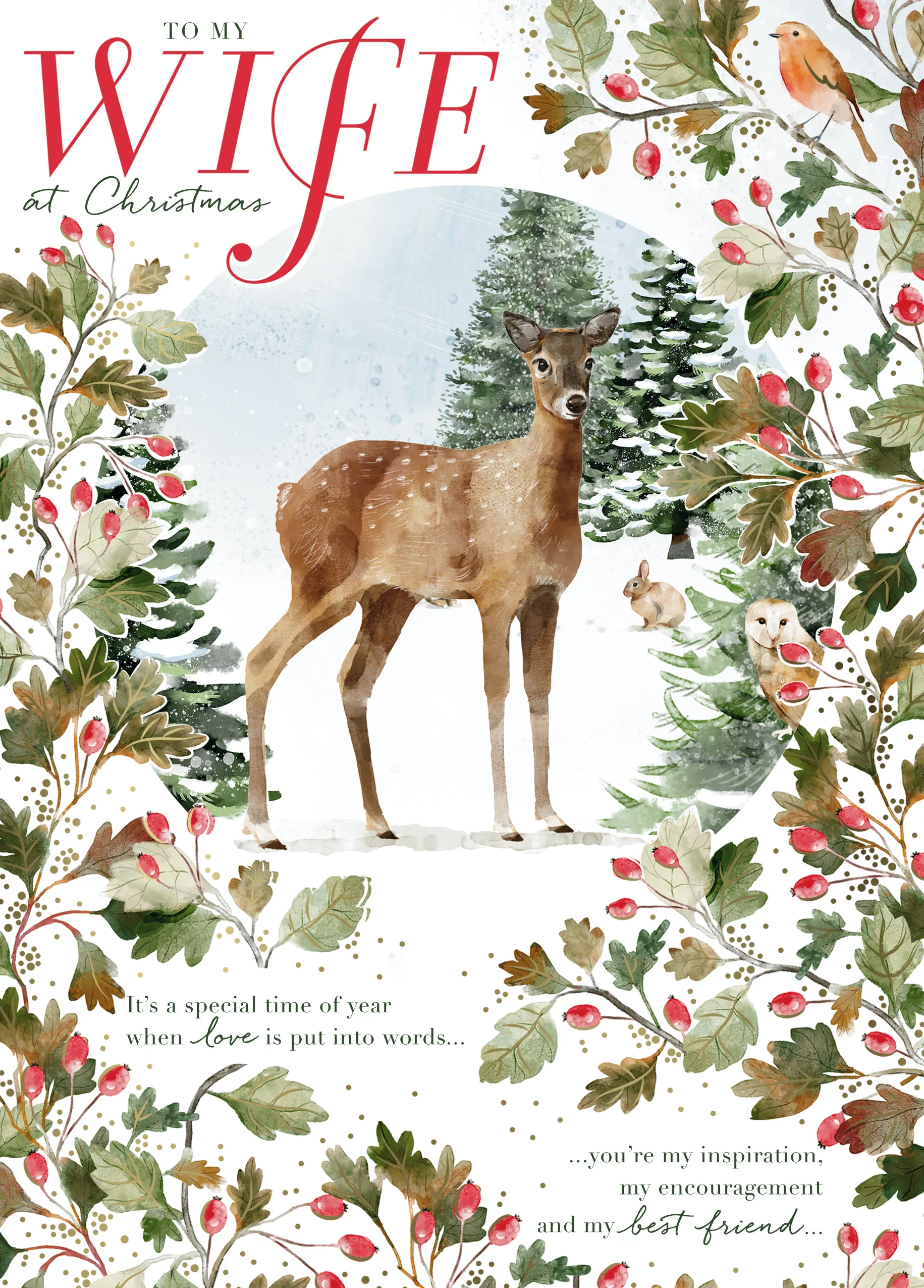 Personalised Wife Traditional Woodland Scene Deer Christmas Card