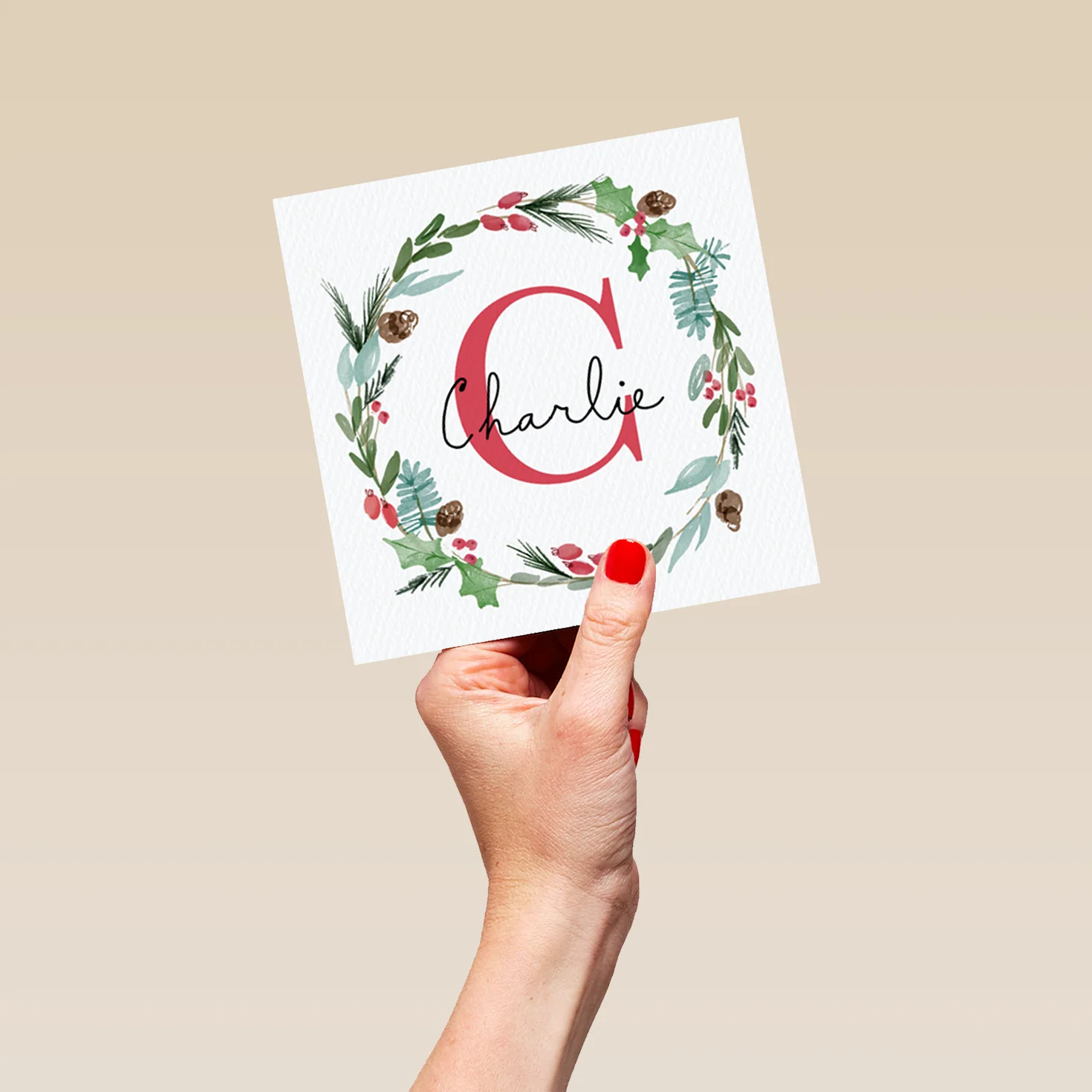 Personalised Wreath Monogram Letter C Christmas Card - Image 5