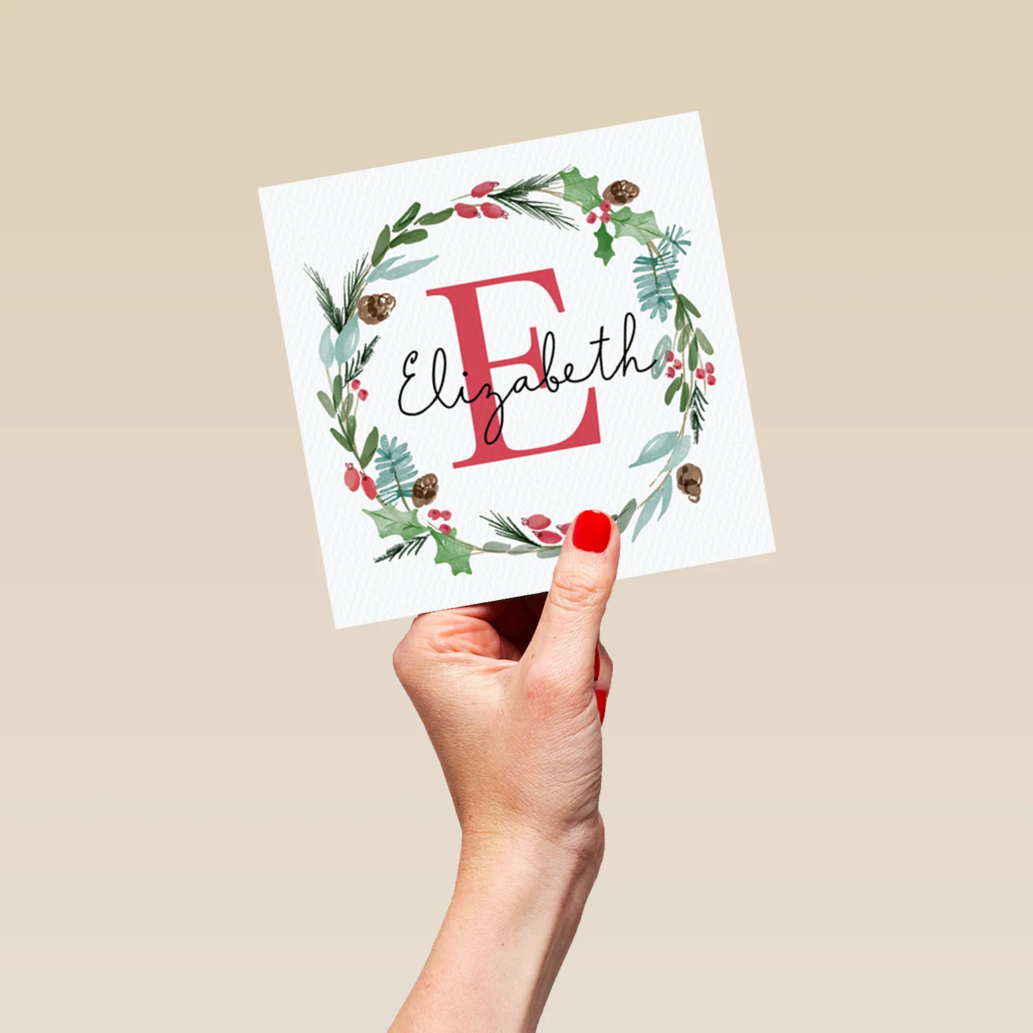 Personalised Wreath Monogram Letter E Christmas Card - Image 5