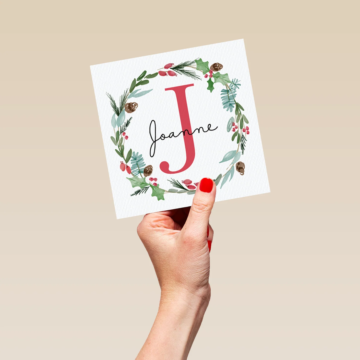 Personalised Wreath Monogram Letter J Christmas Card - Image 5