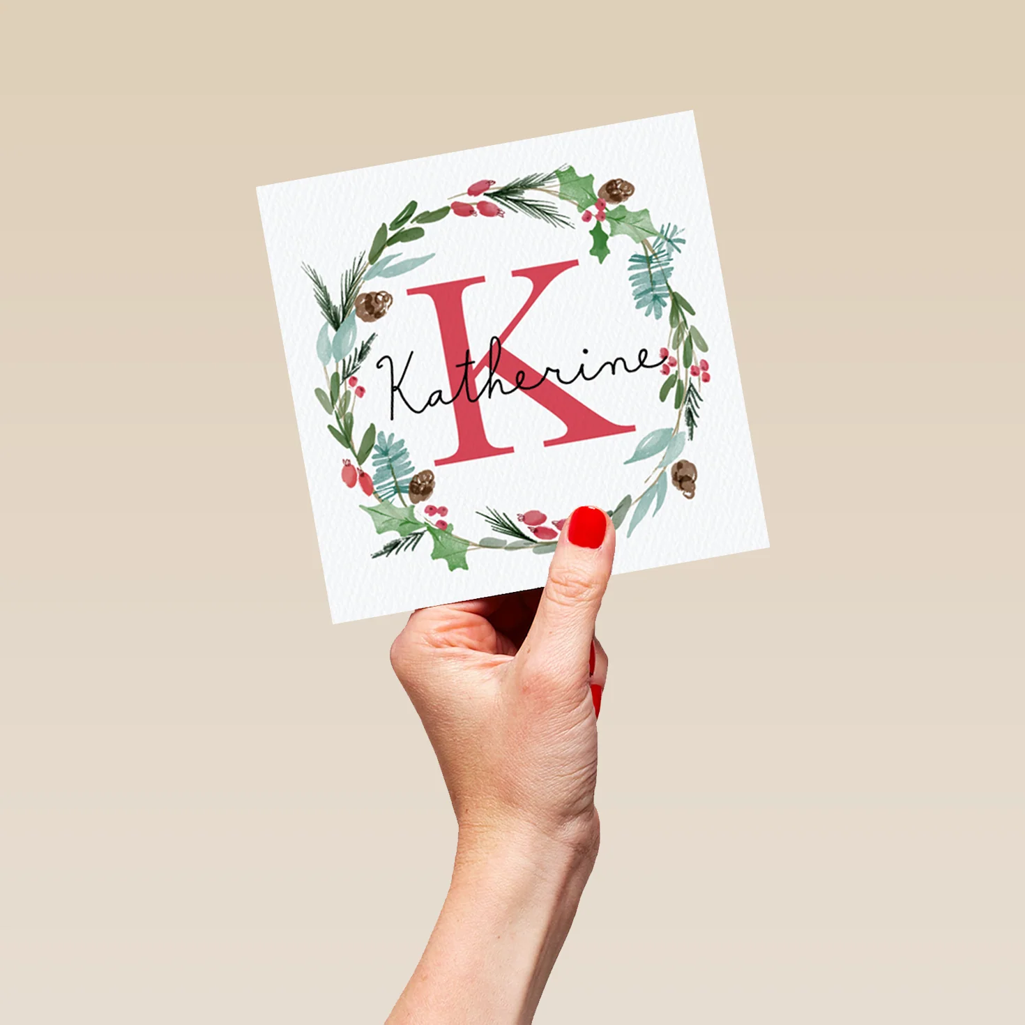 Personalised Wreath Monogram Letter K Christmas Card - Image 5