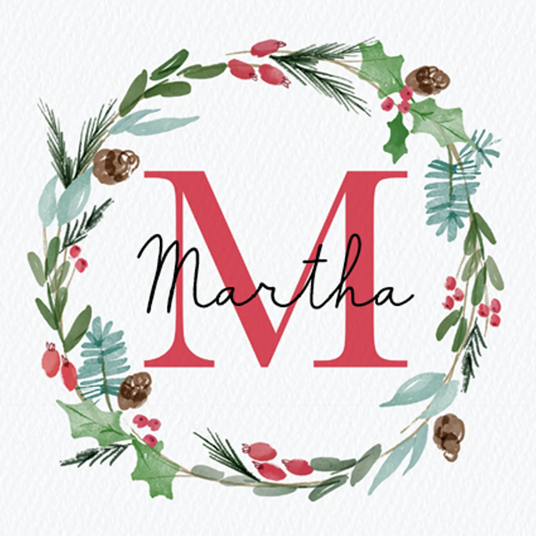 Personalised Wreath Monogram Letter M Christmas Card