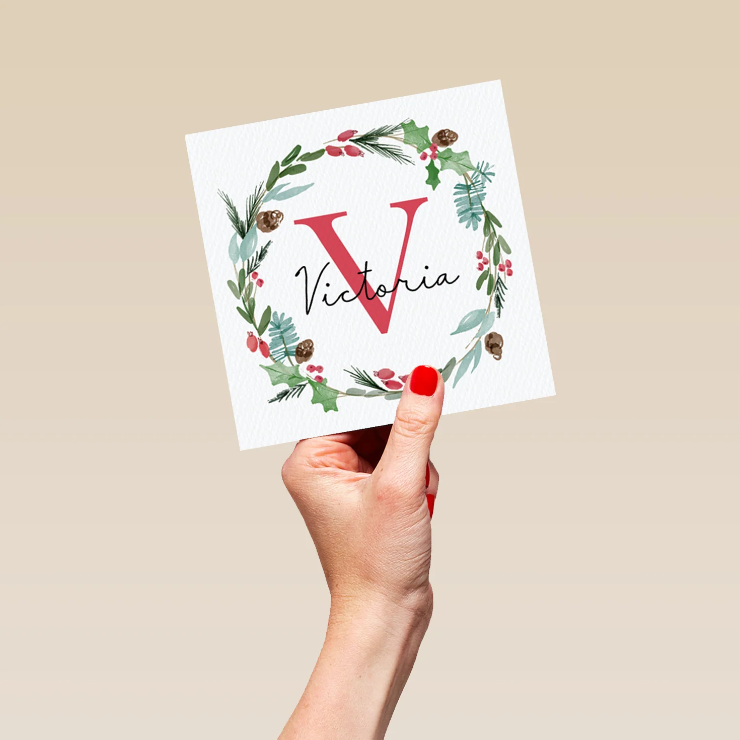 Personalised Wreath Monogram Letter V Christmas Card - Image 5
