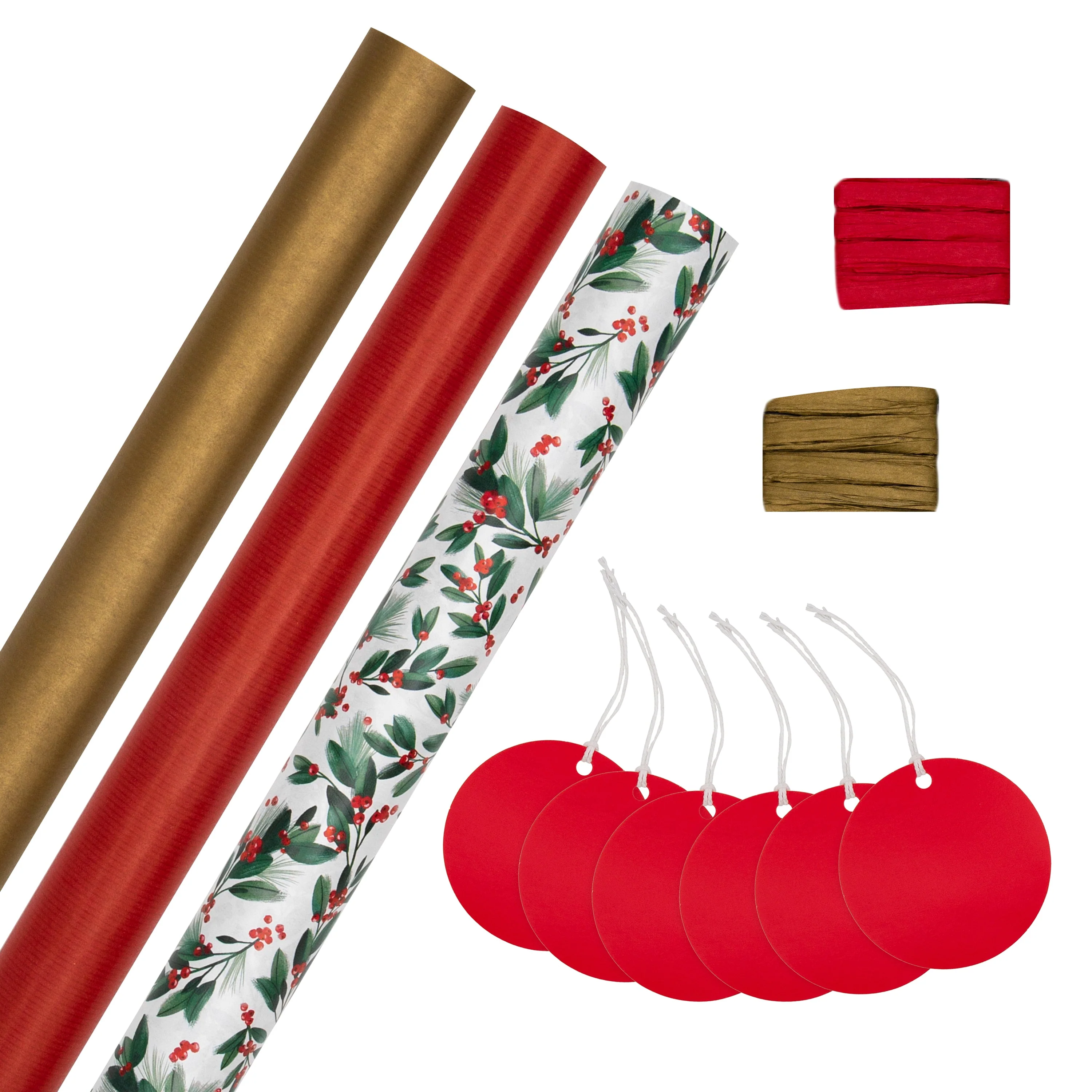Red & Gold Christmas Wrapping Paper Pack - 3 Gift Wraps, 6 Tags & 2 Rolls of Ribbon