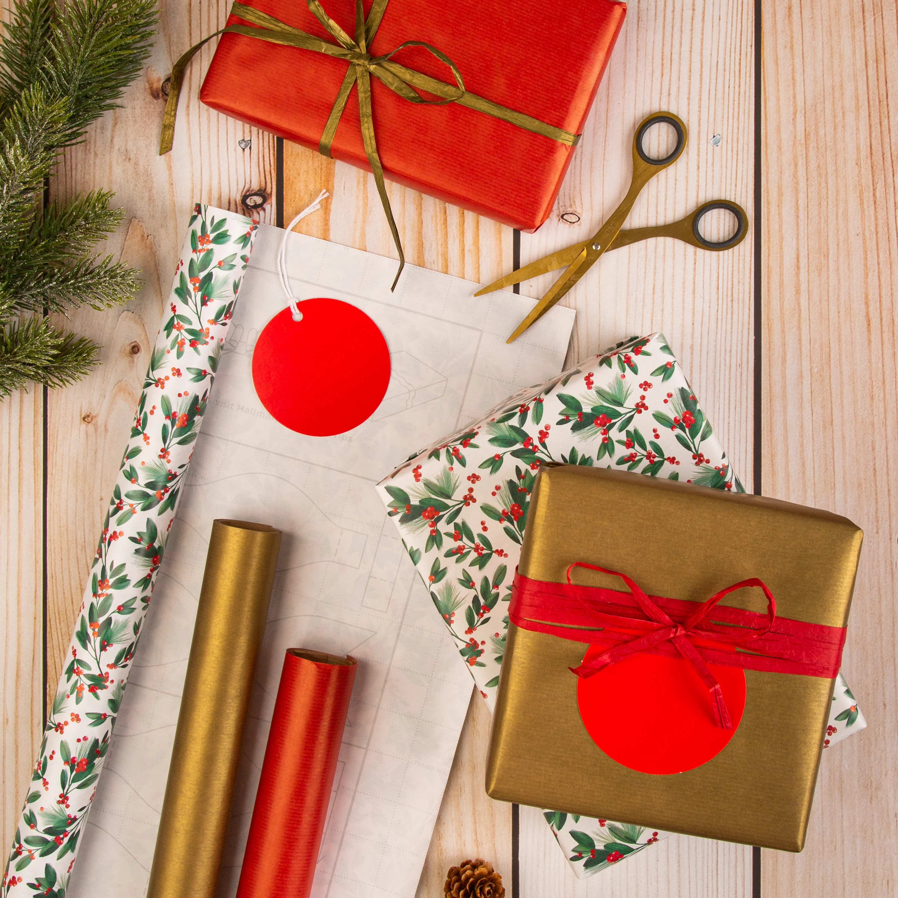 Red & Gold Christmas Wrapping Paper Pack - 3 Gift Wraps, 6 Tags & 2 Rolls of Ribbon - Image 2