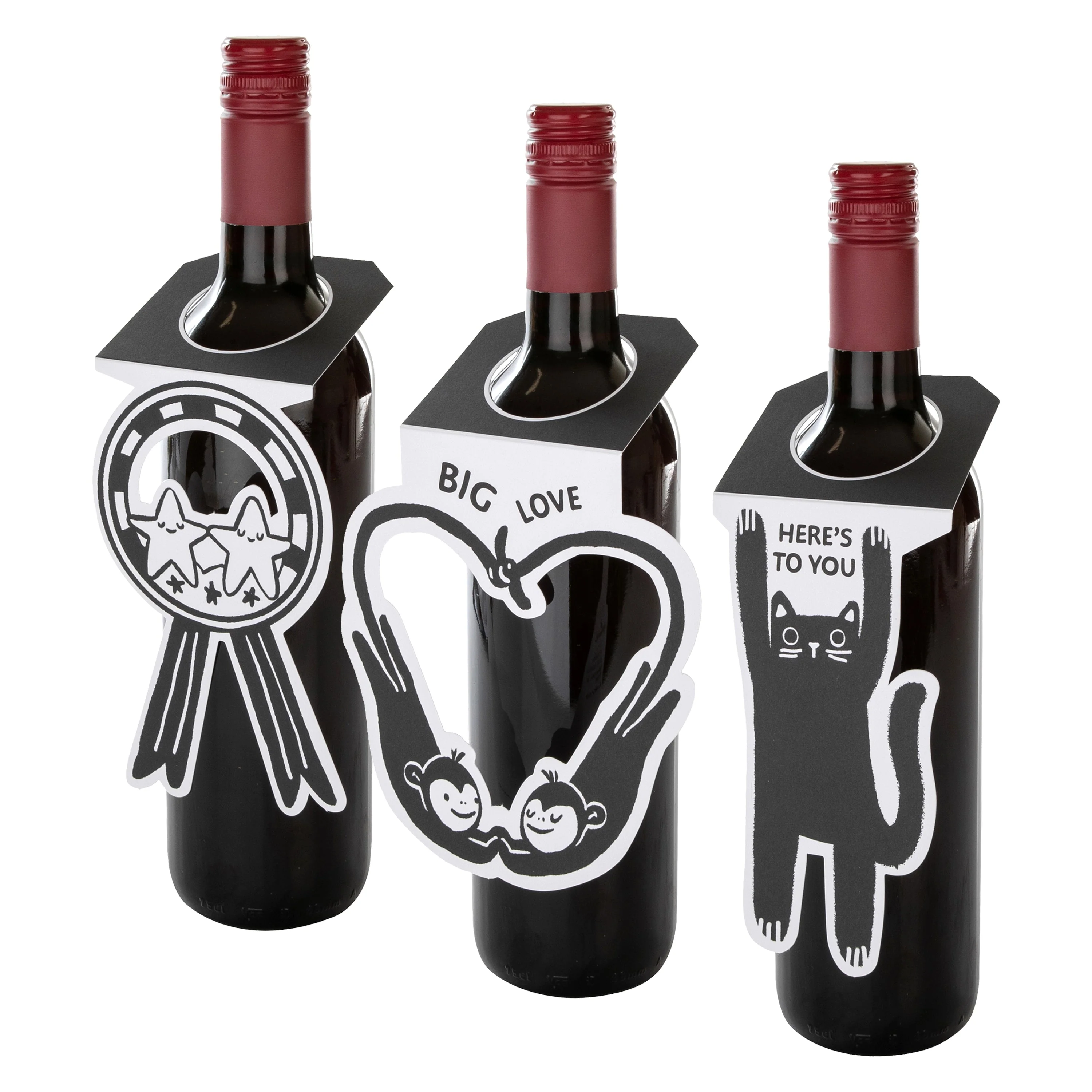 Tag-Ons Bottle Gift Tags Pack of 3 - Monochrome Cartoon Characters Design