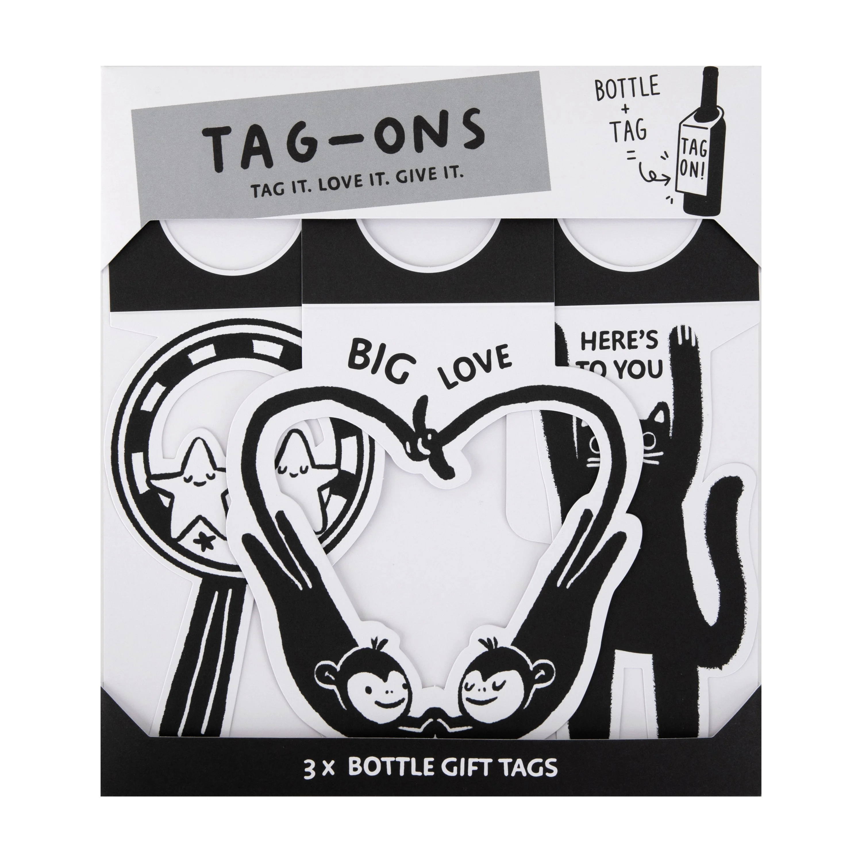 Tag-Ons Bottle Gift Tags Pack of 3 - Monochrome Cartoon Characters Design - Image 2
