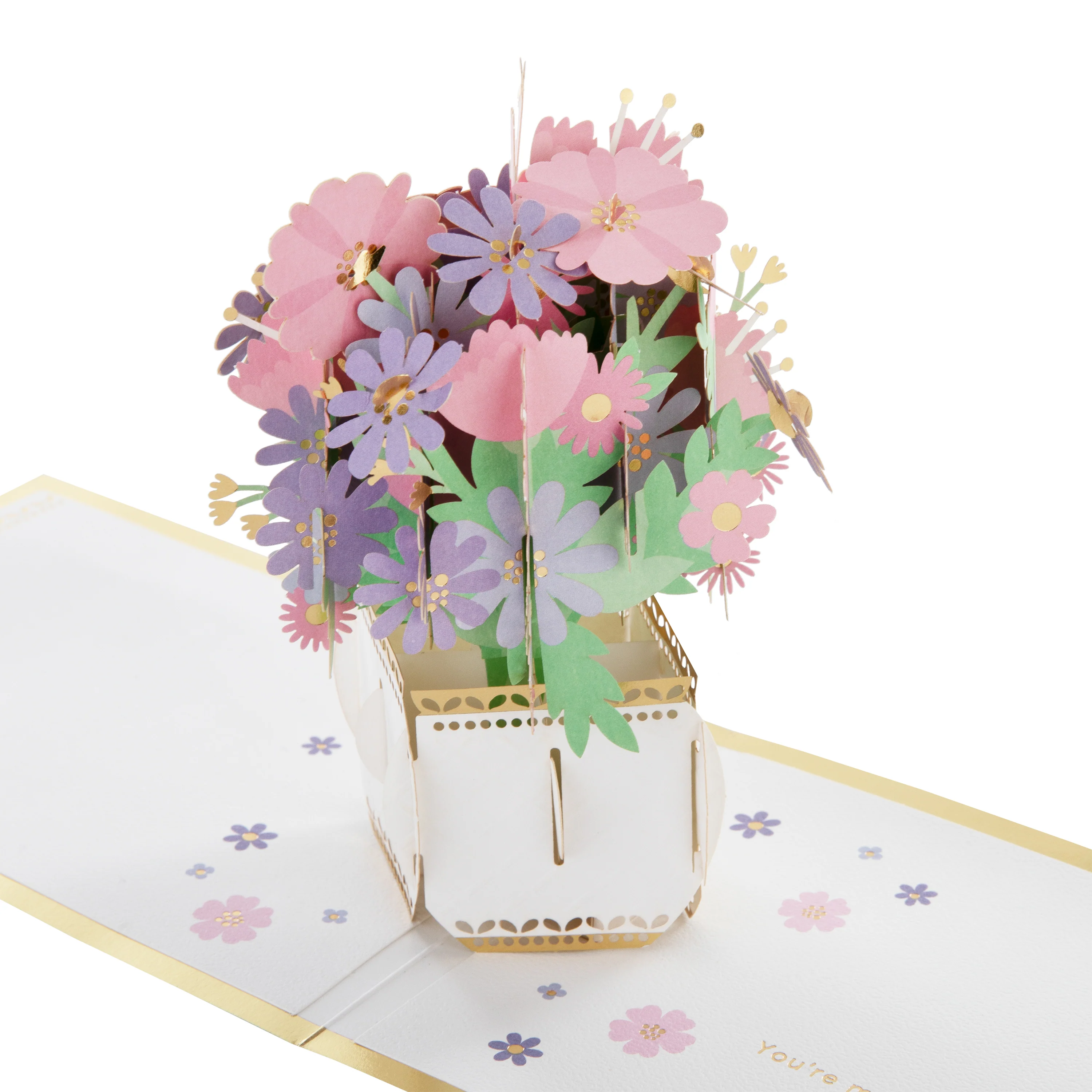 Thinking of You Card - 3D & Pop-Up Lilac & Pink Flowers in Vase Design