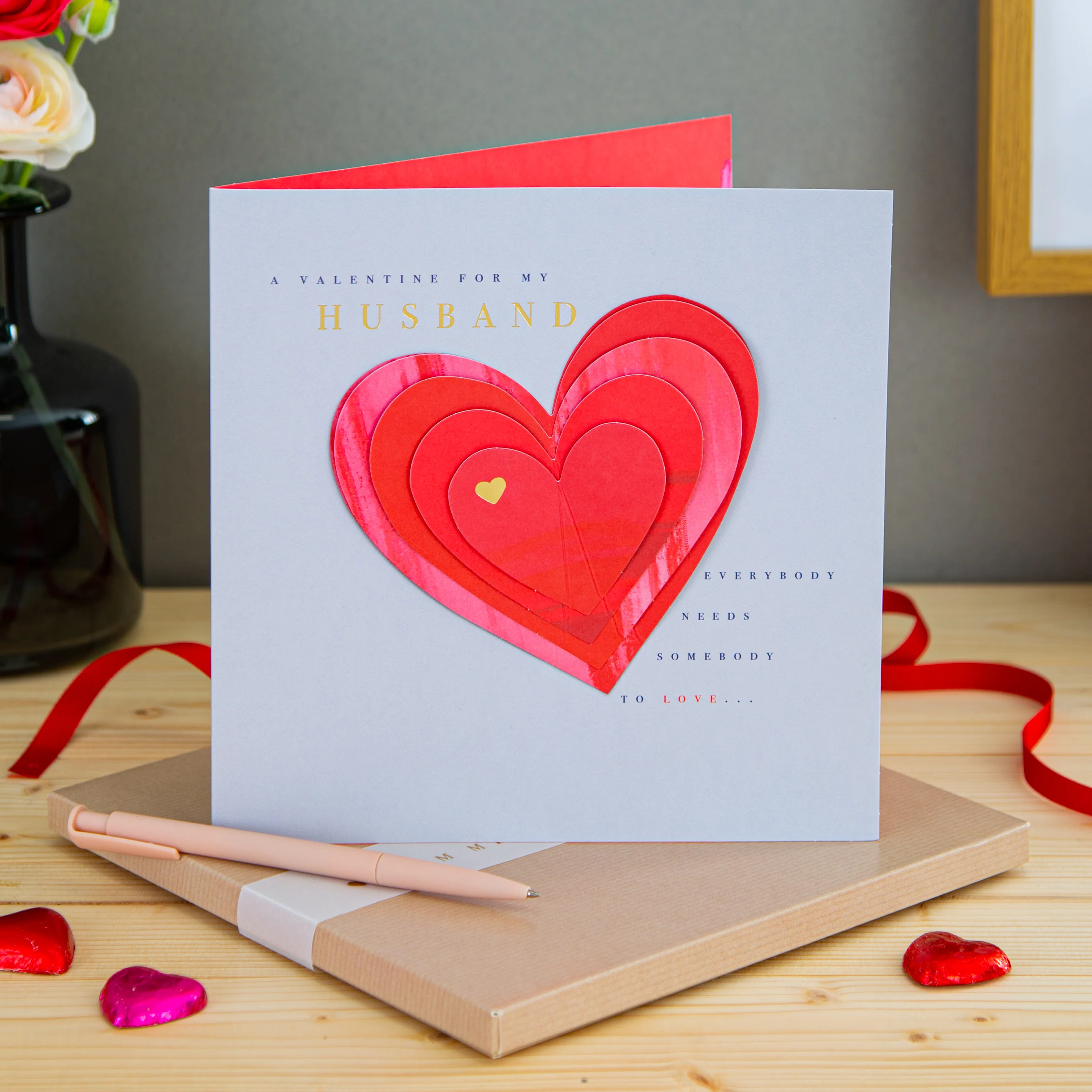 Valentine's Card for Husband - Traditional Love Heart Design with Gold Foil