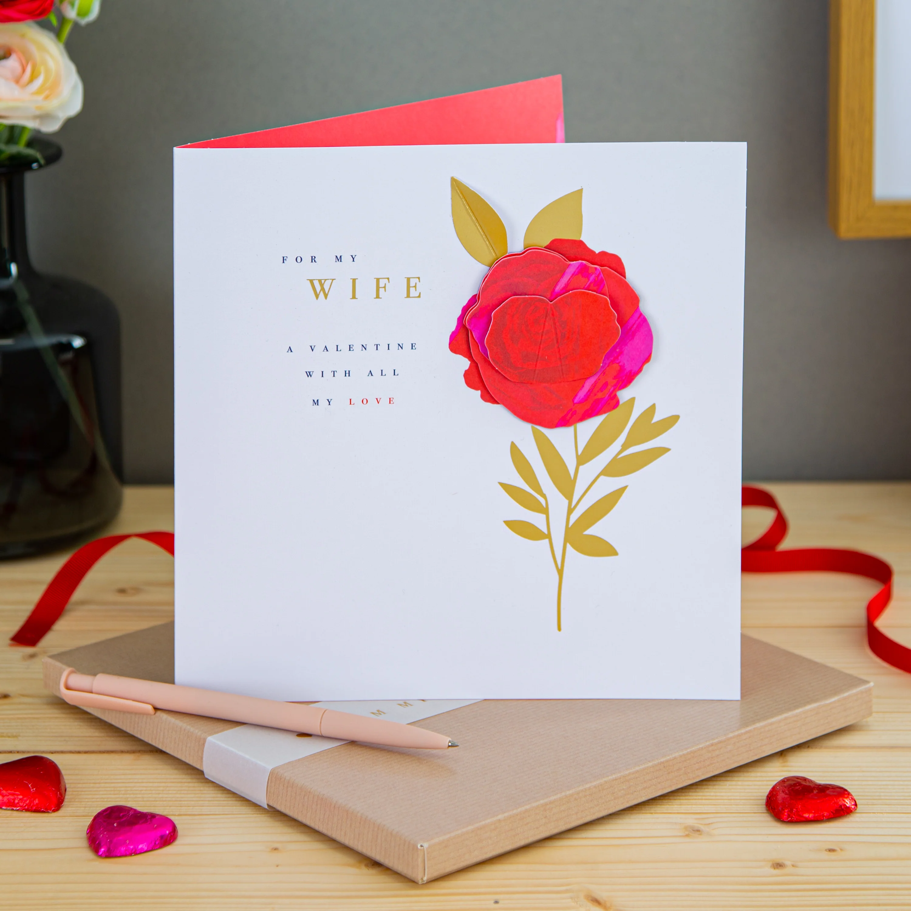 Valentine's Card for Wife - Classic Red Rose Design with Gold Foil