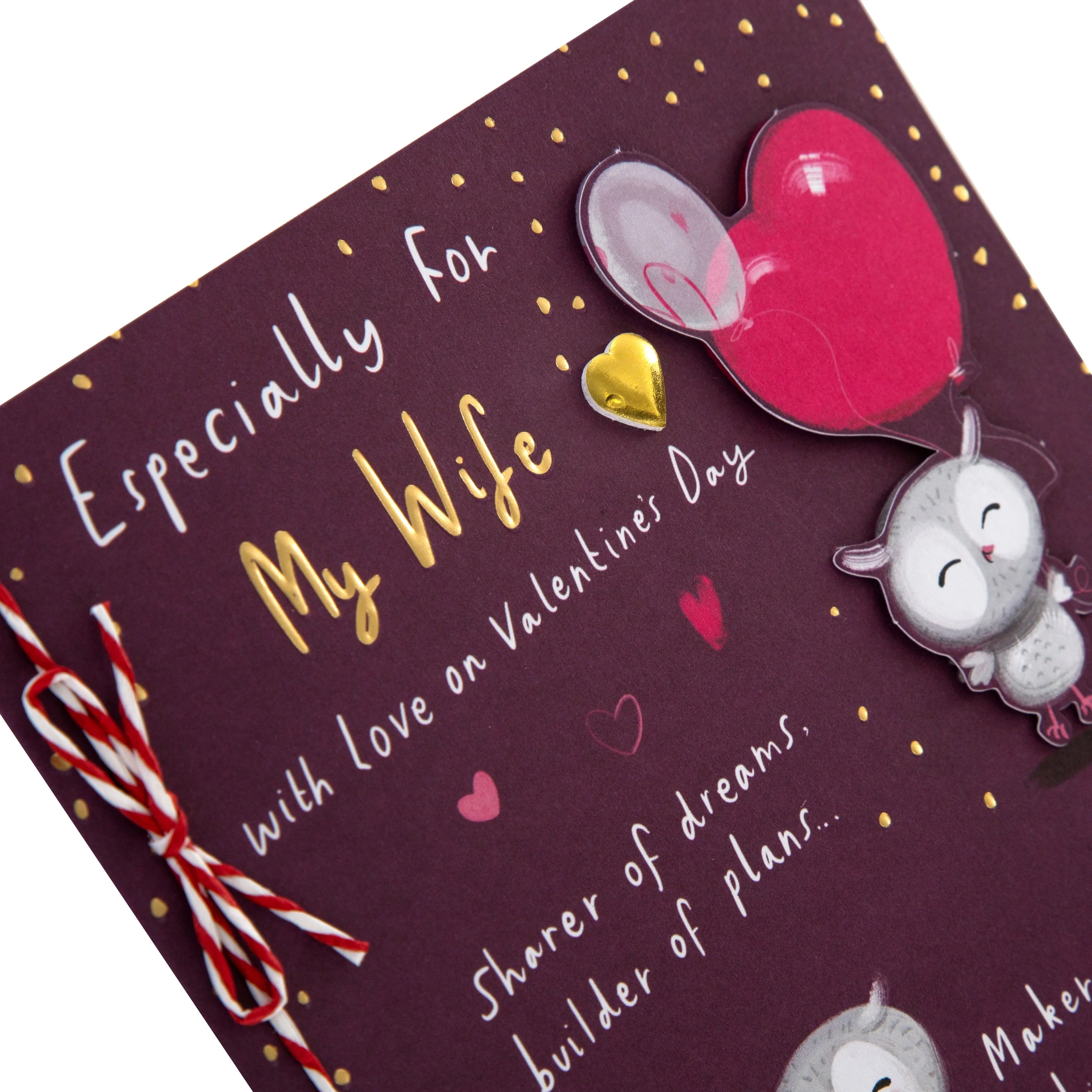 Valentine's Day Card for Wife - Cute Cartoon Owls Design with Gold Foil and 3D Add On - Image 4